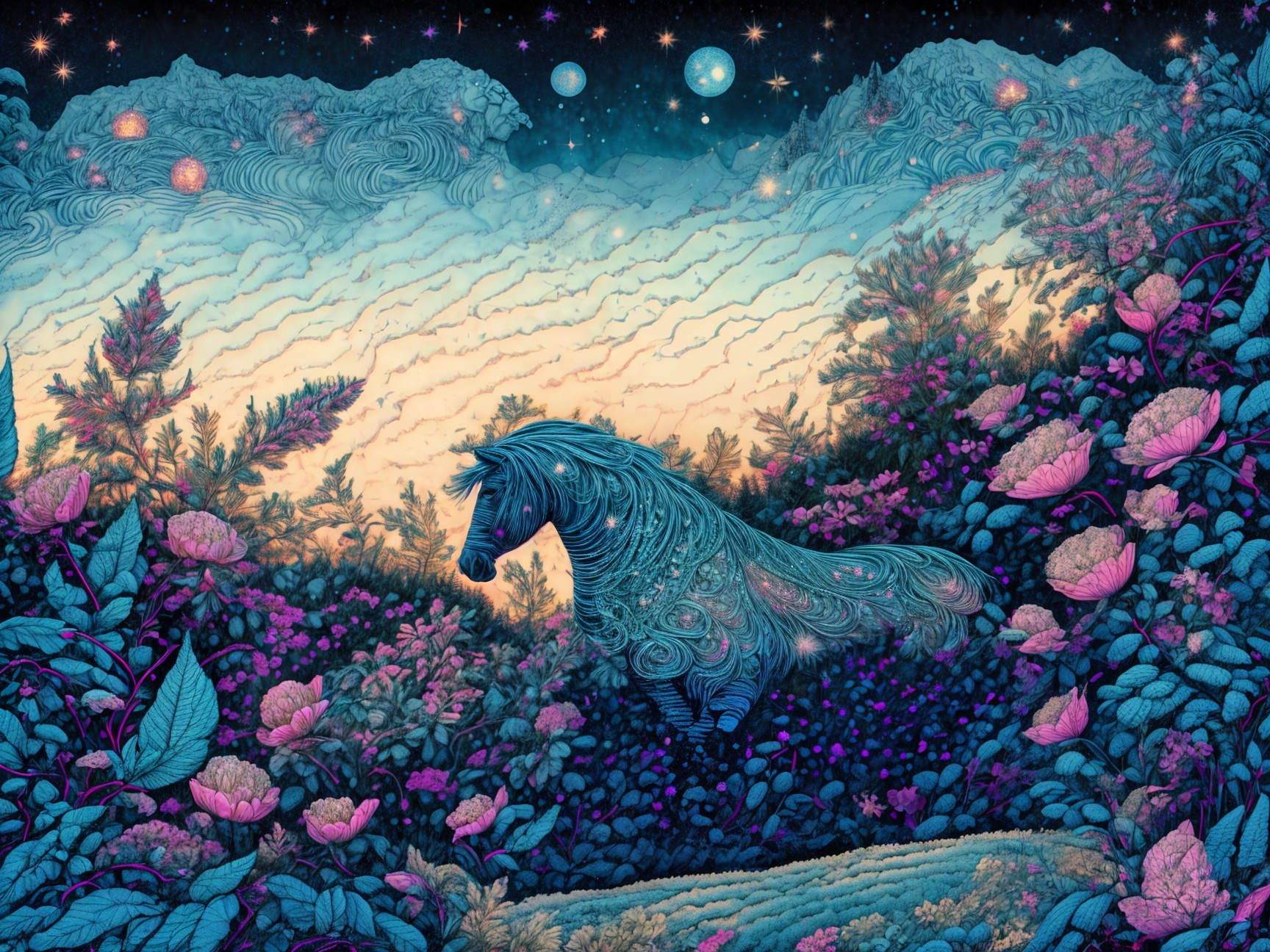 Dreamlike Landscape with Horse and Starry Sky