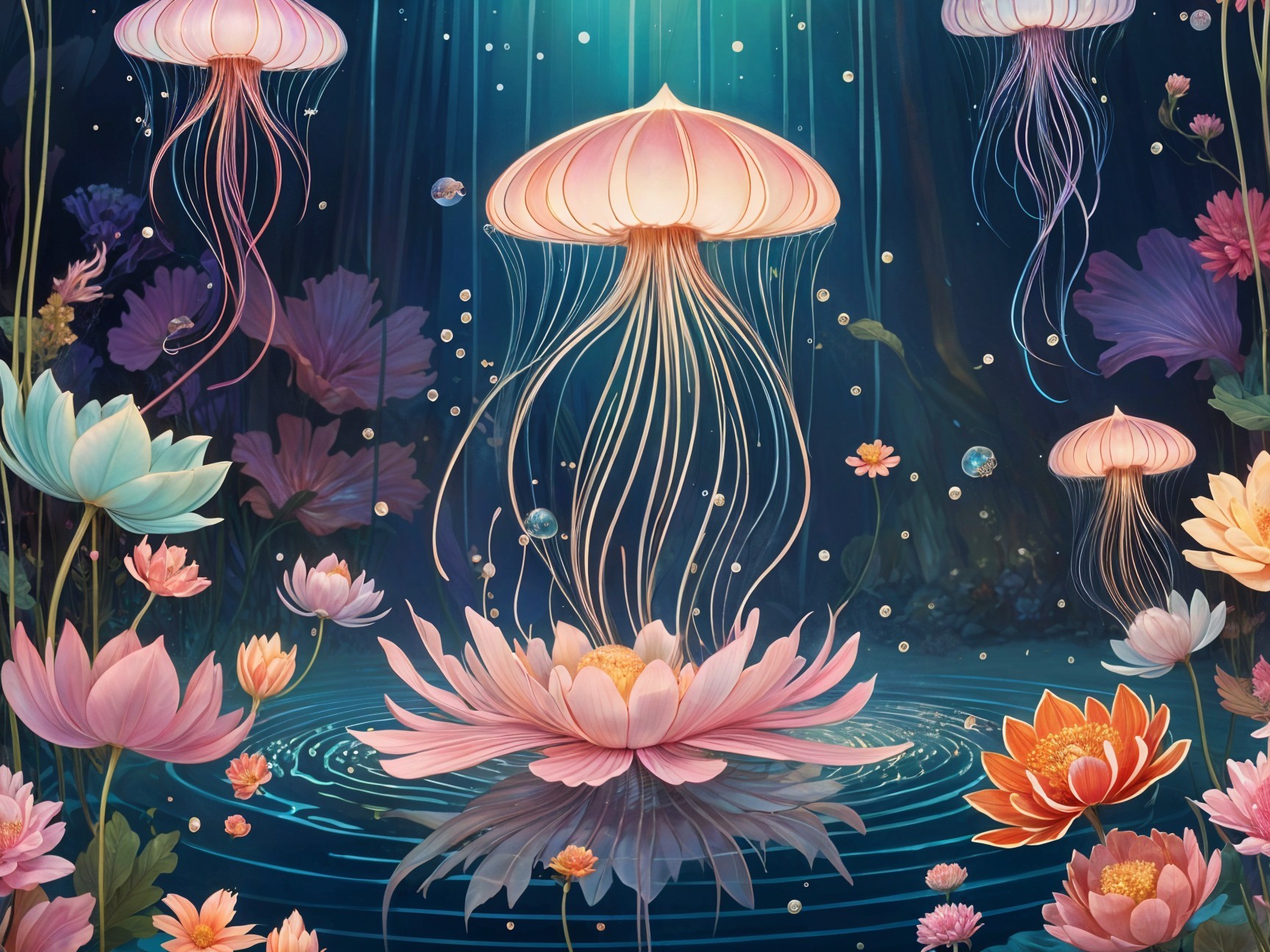 Underwater Scene with Glowing Jellyfish and Lotus Flowers