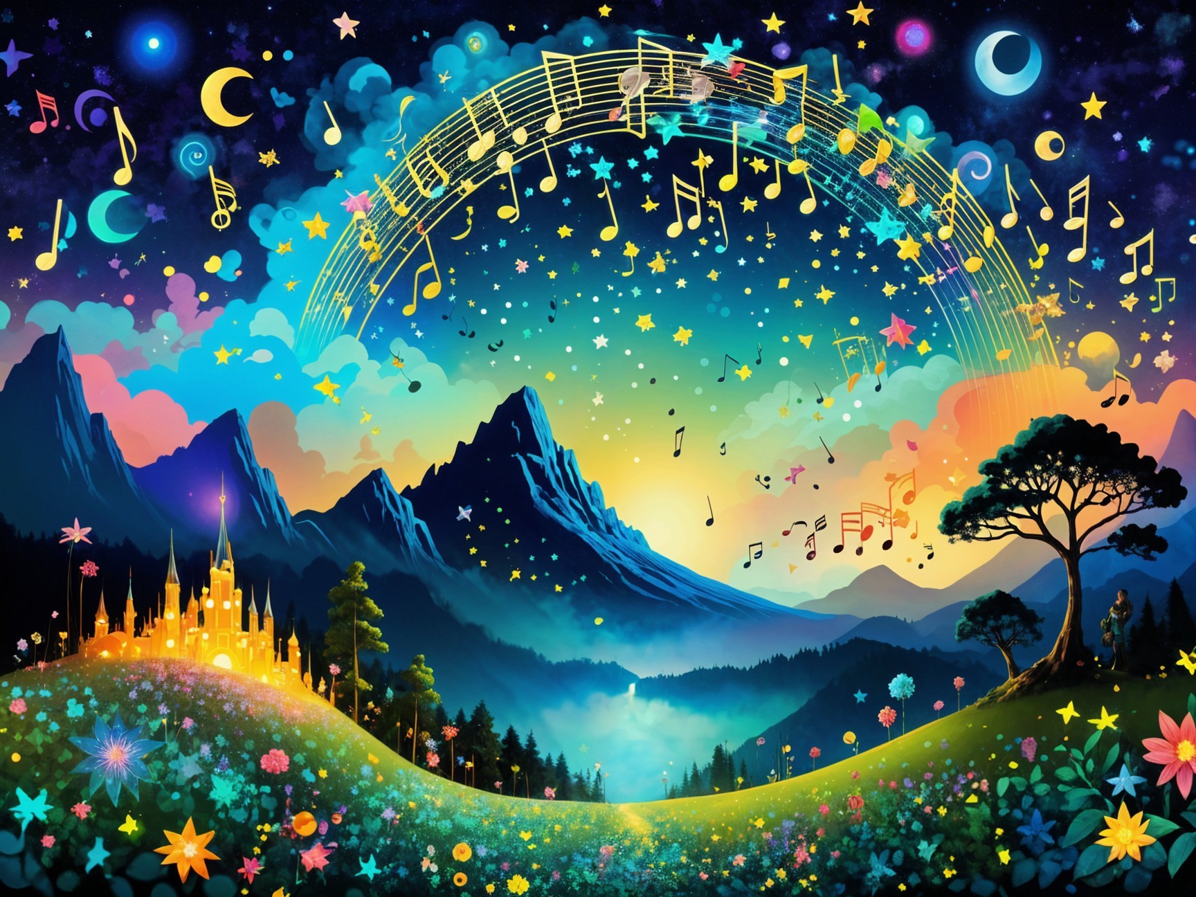 Vibrant Dreamlike Landscape with Colorful Mountains