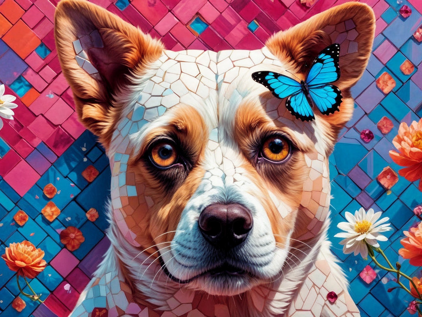 Vibrant Mosaic Dog with Butterfly and Flowers