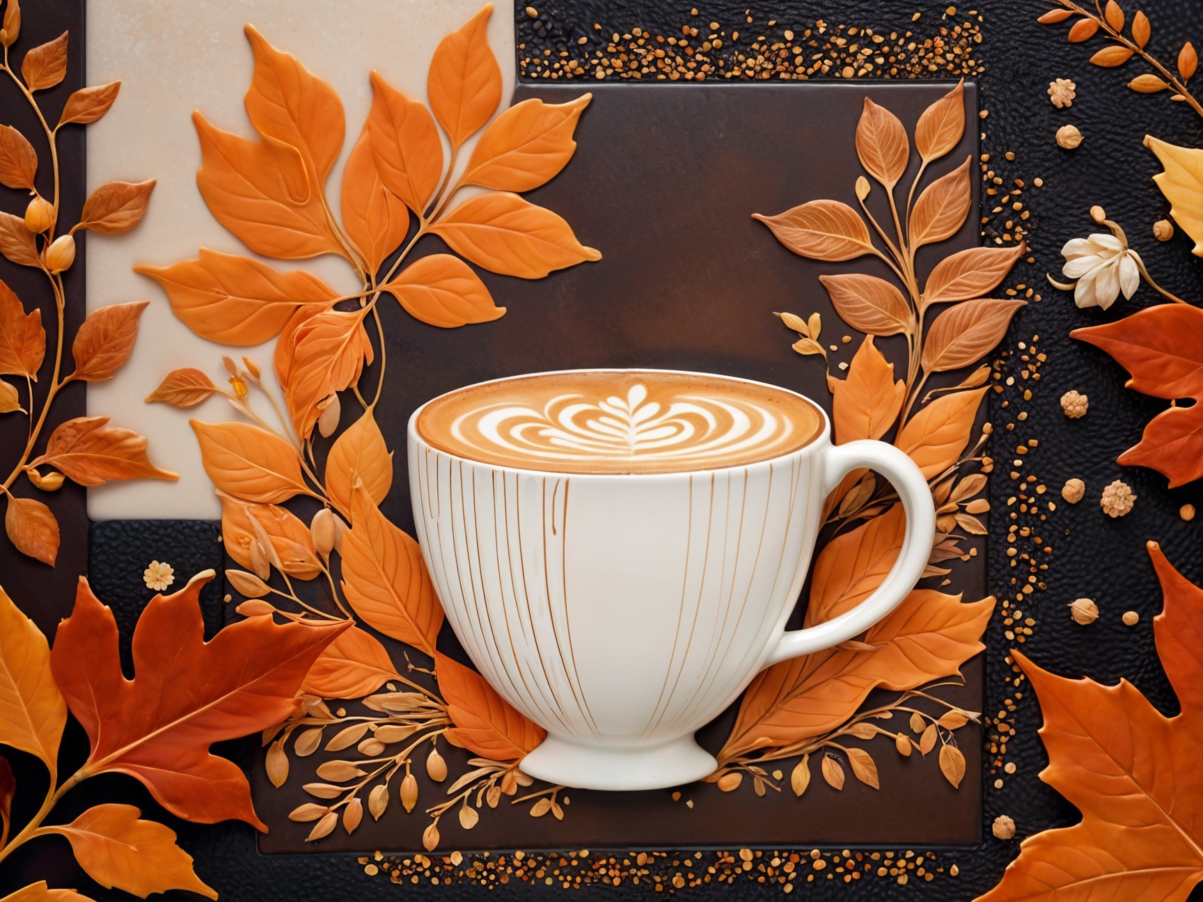 Cozy Coffee Scene with Autumn Leaf Design