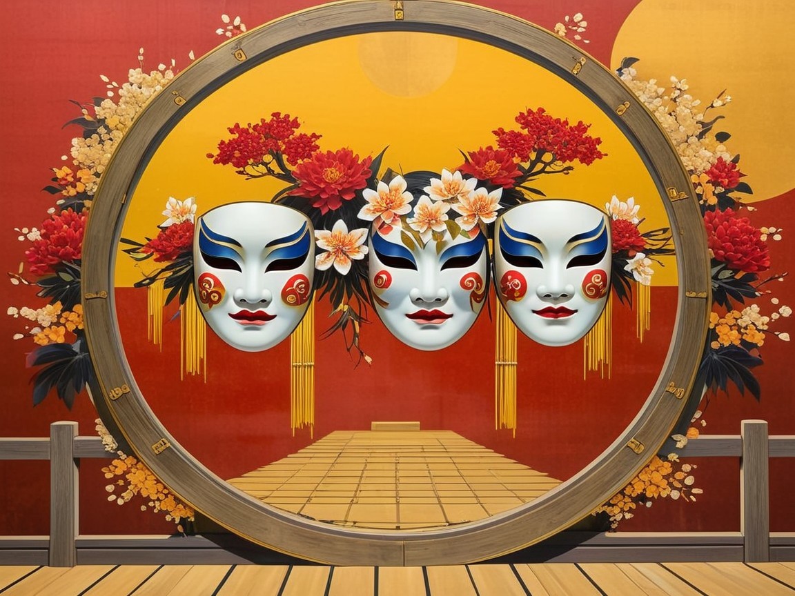 Theatrical Masks with Floral Design on Red Background
