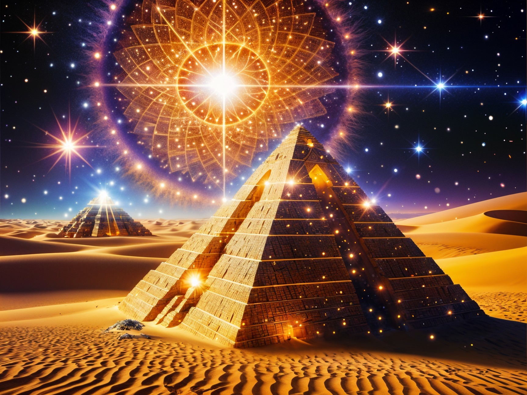 Surreal Desert Landscape with Celestial Pyramids