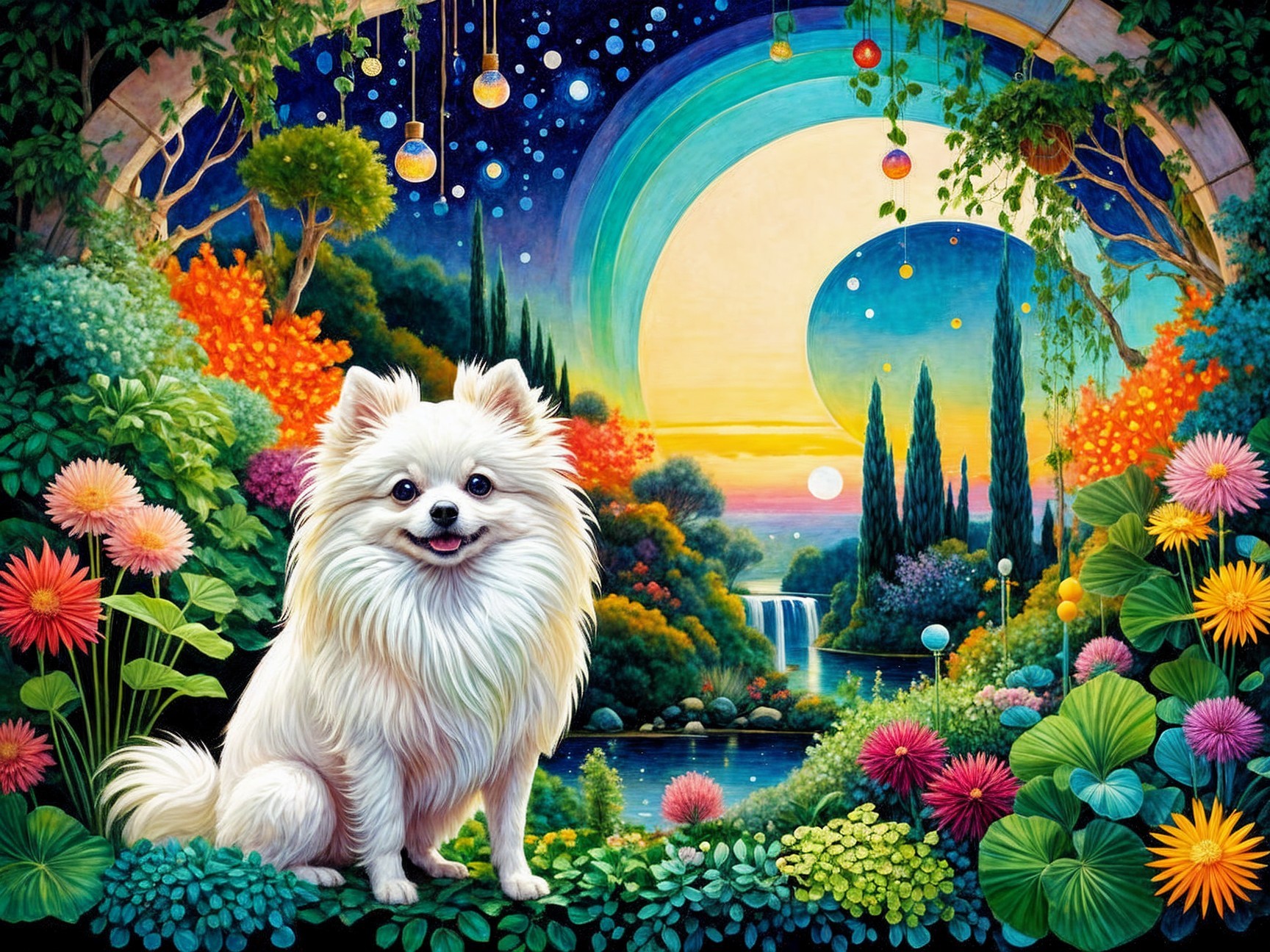 Fluffy Pomeranian in a Vibrant Fantasy Garden