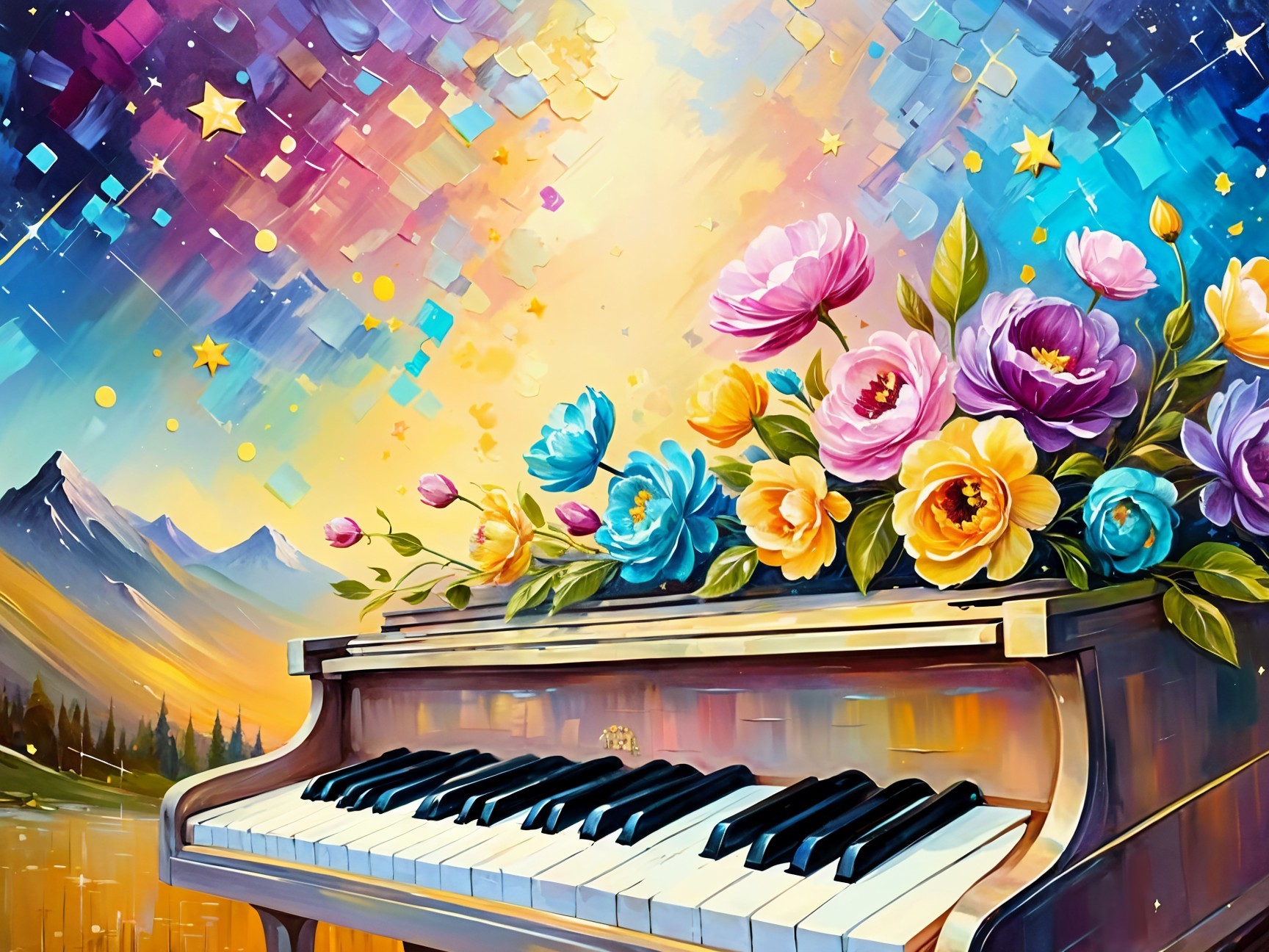Vibrant Scene of Piano with Flowers and Starry Sky