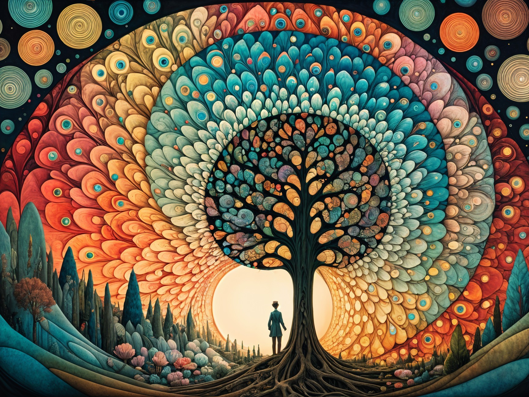 Intricate Tree with Colorful Peacock Patterns in Landscape