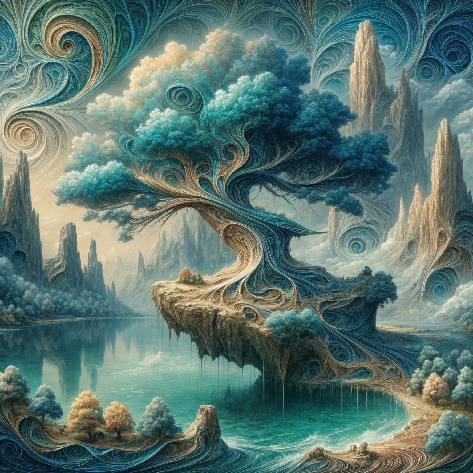 Majestic Tree on Floating Rock in Ethereal Landscape