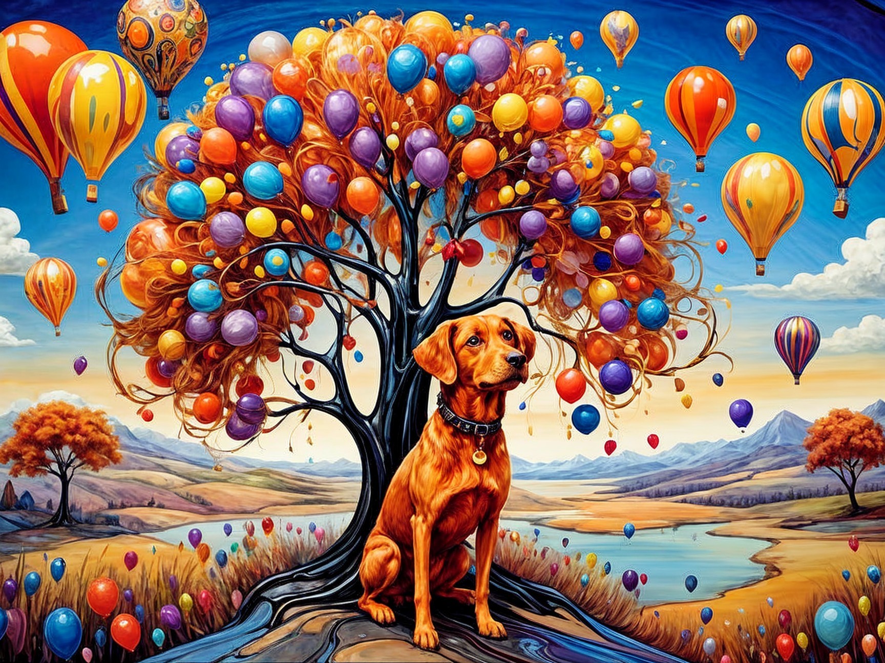 Golden Retriever Under Colorful Balloons and Trees