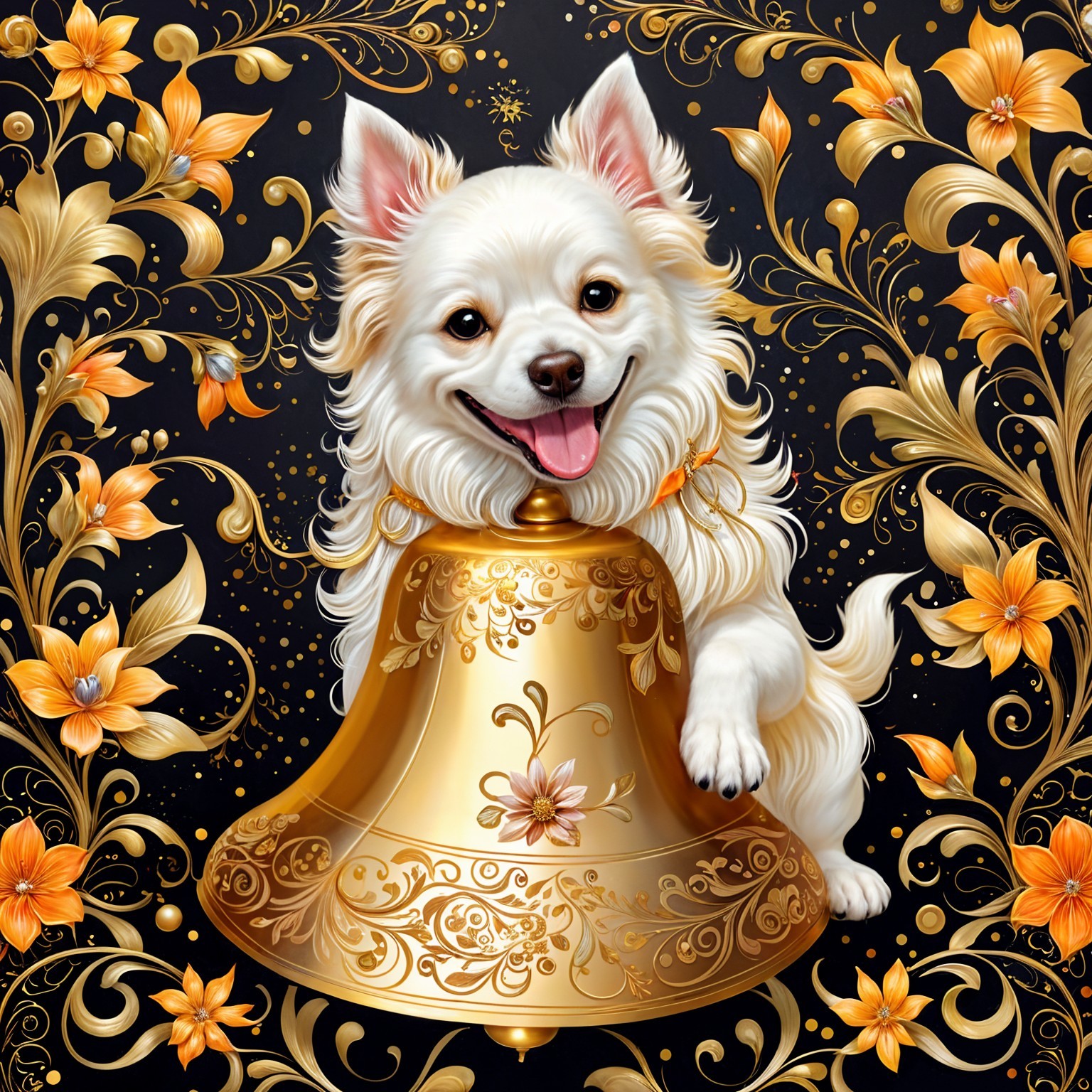 Cheerful White Dog with Golden Bell and Floral Designs