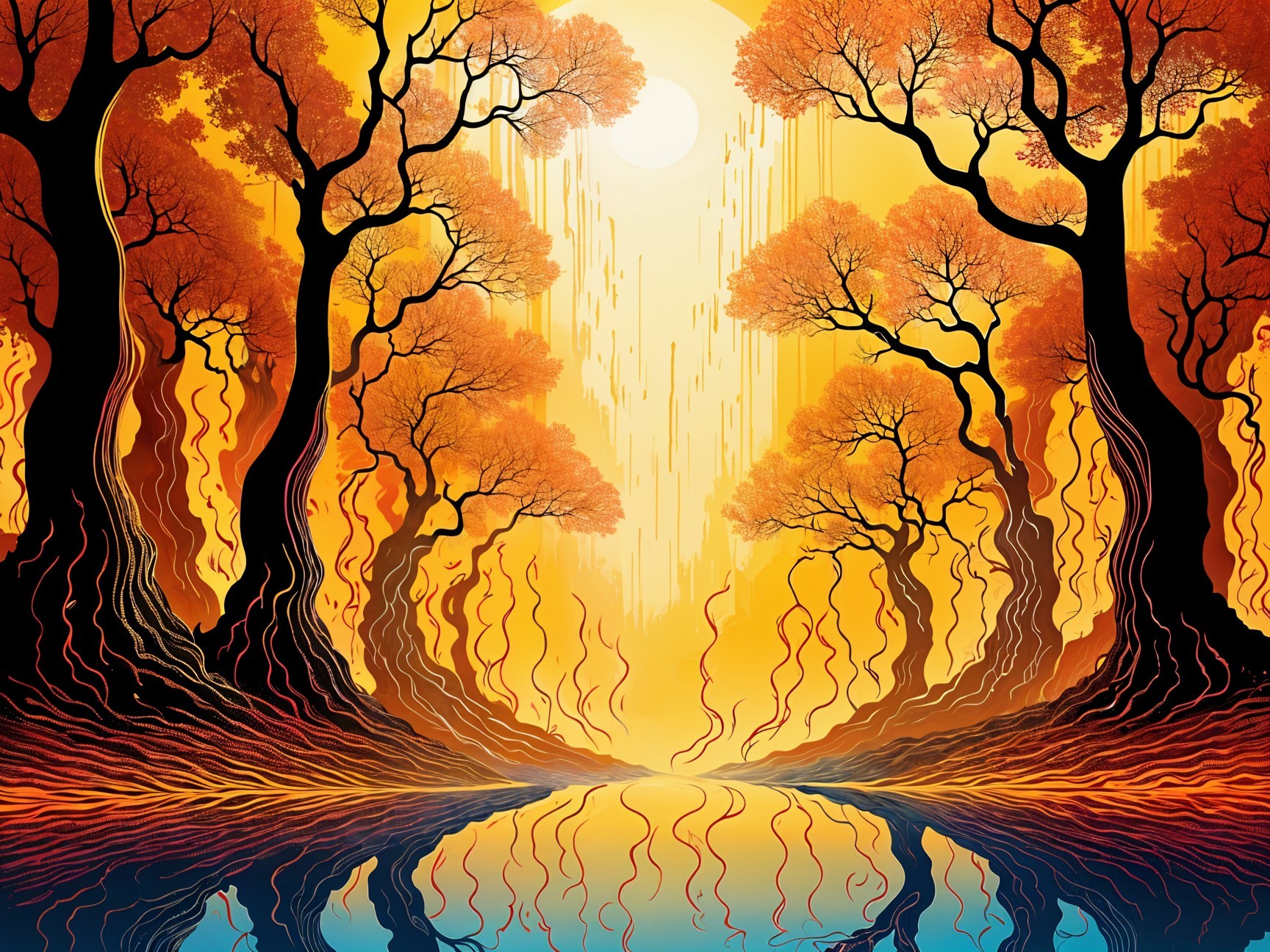 Vibrant Autumn Forest Scene with Reflective River
