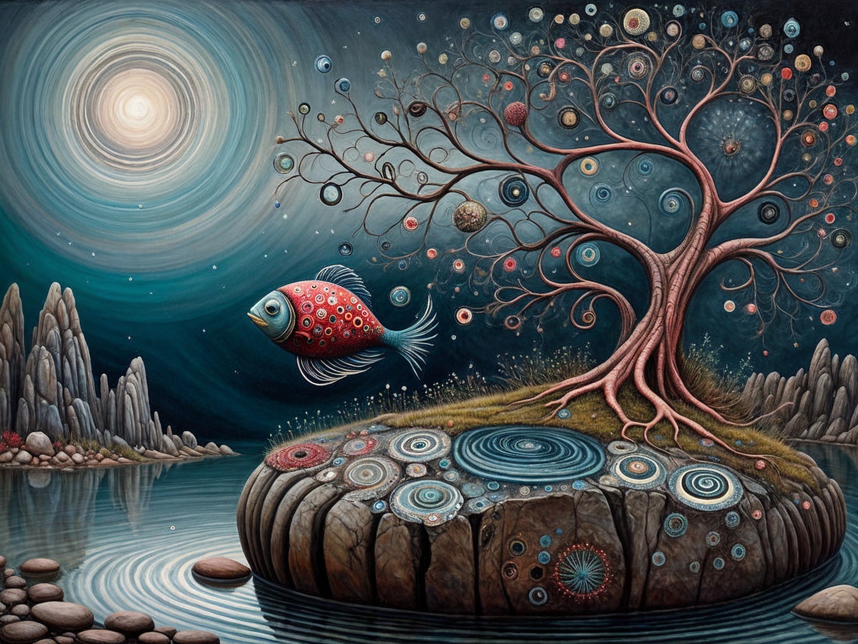 Vibrant Fish and Surreal Tree in Dreamlike Landscape