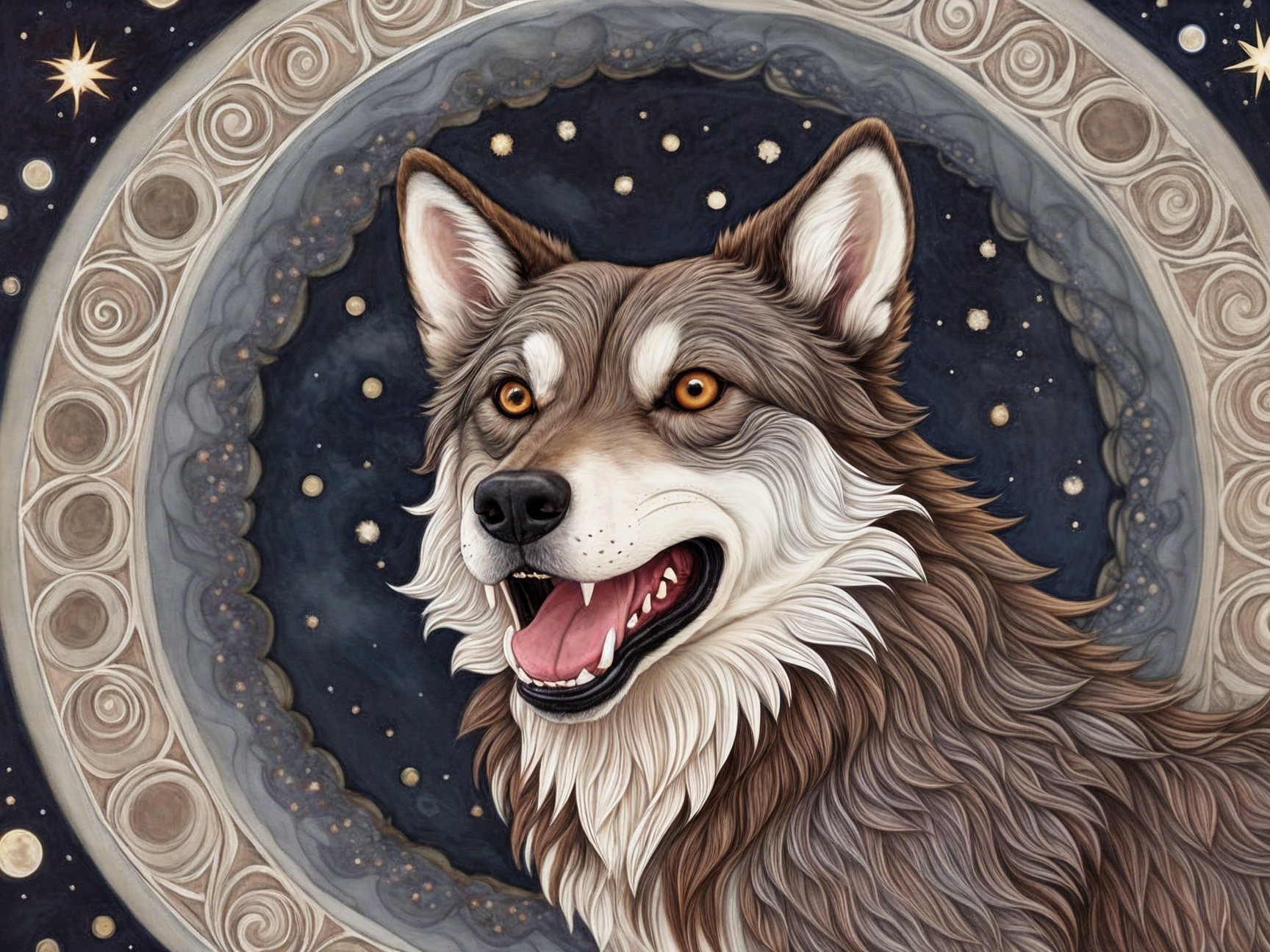 Detailed Illustration of a Wolf Against Celestial Background
