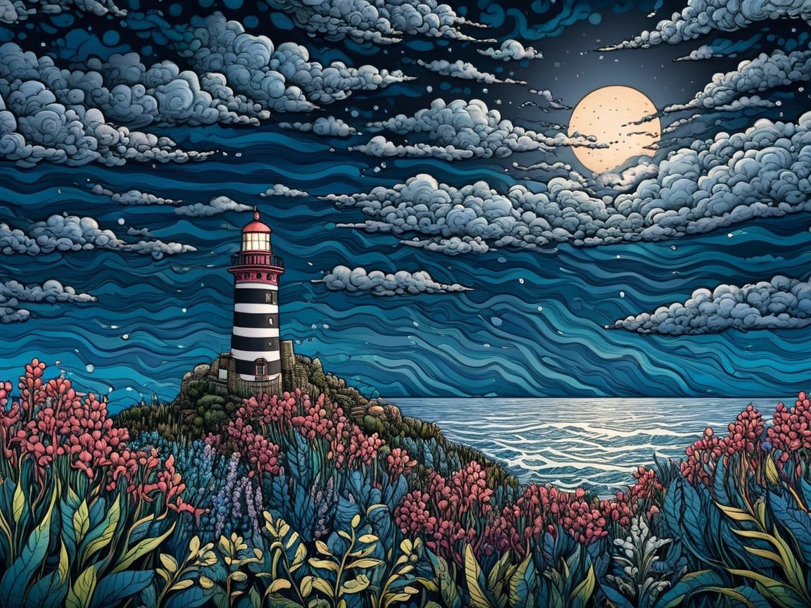 Lighthouse on Rocky Outcrop with Vibrant Surroundings
