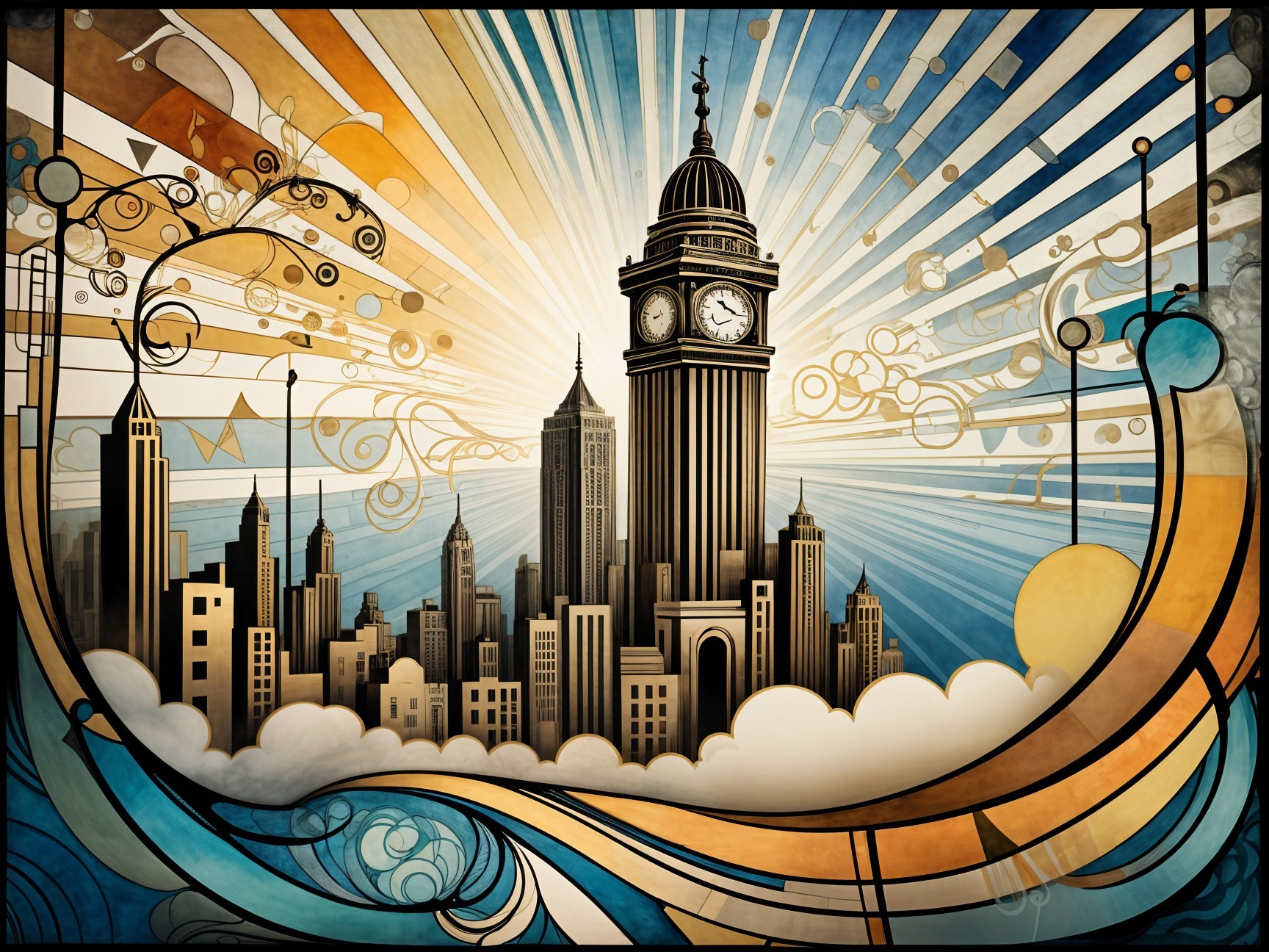 Stylized City Skyline with Clock Tower and Skyscrapers