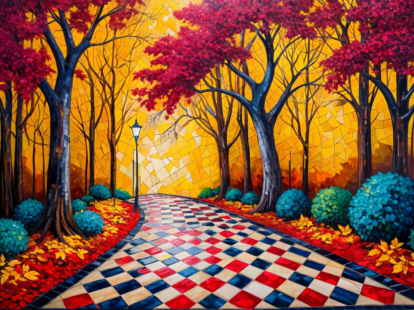 Autumn Forest Path with Colorful Tiles and Lamp