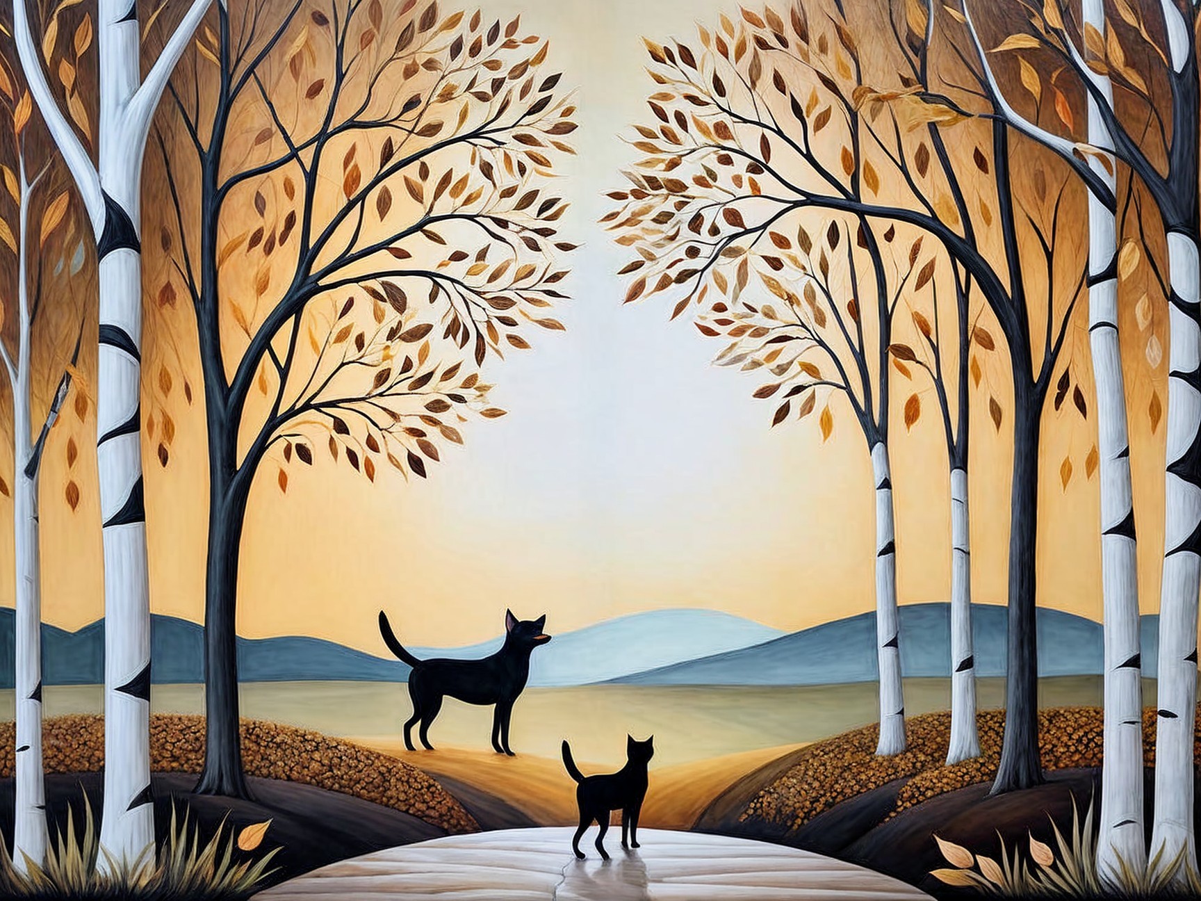 Autumn Landscape with Two Black Dogs and Golden Trees