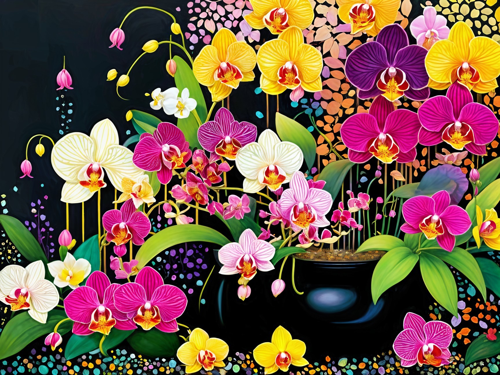 Colorful Orchids Arrangement on Black Background