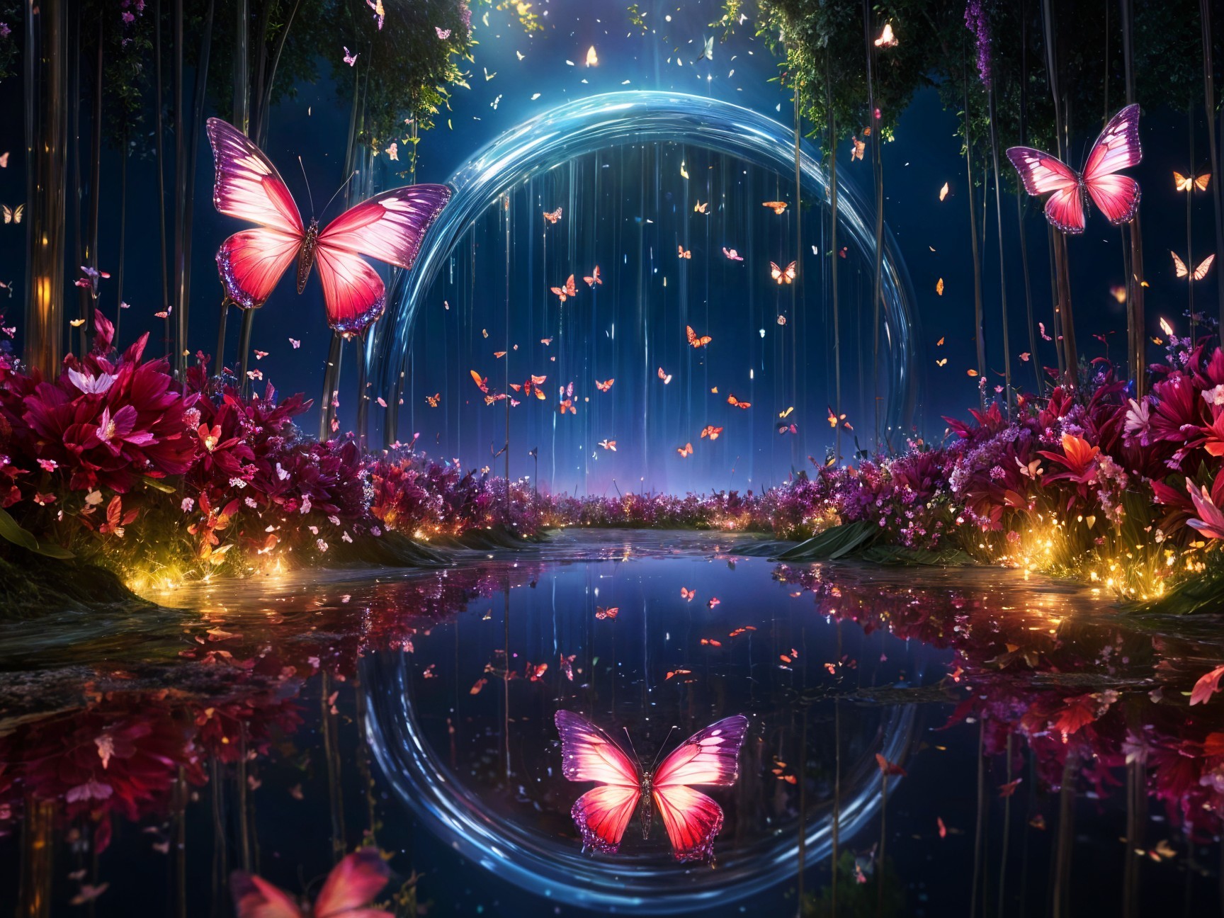 Whimsical Garden Scene with Ethereal Lighting and Flowers