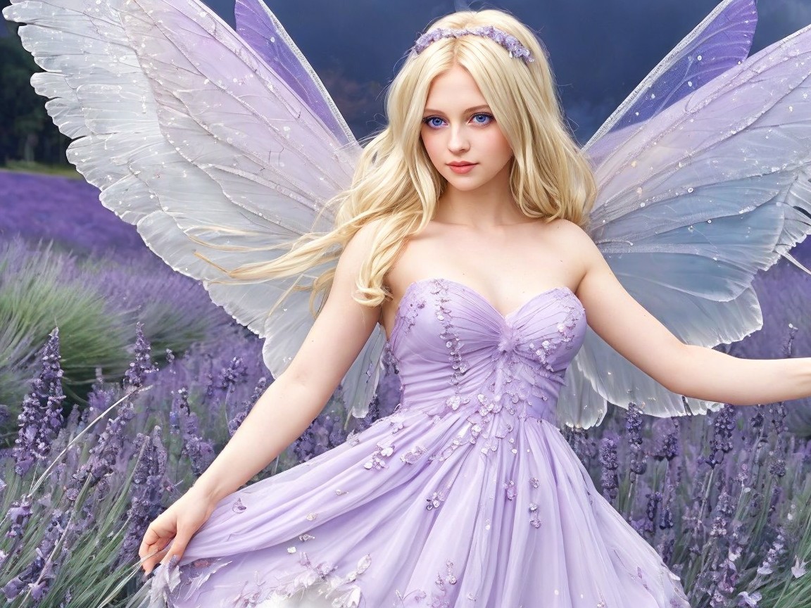 Young woman in lavender field with ethereal wings
