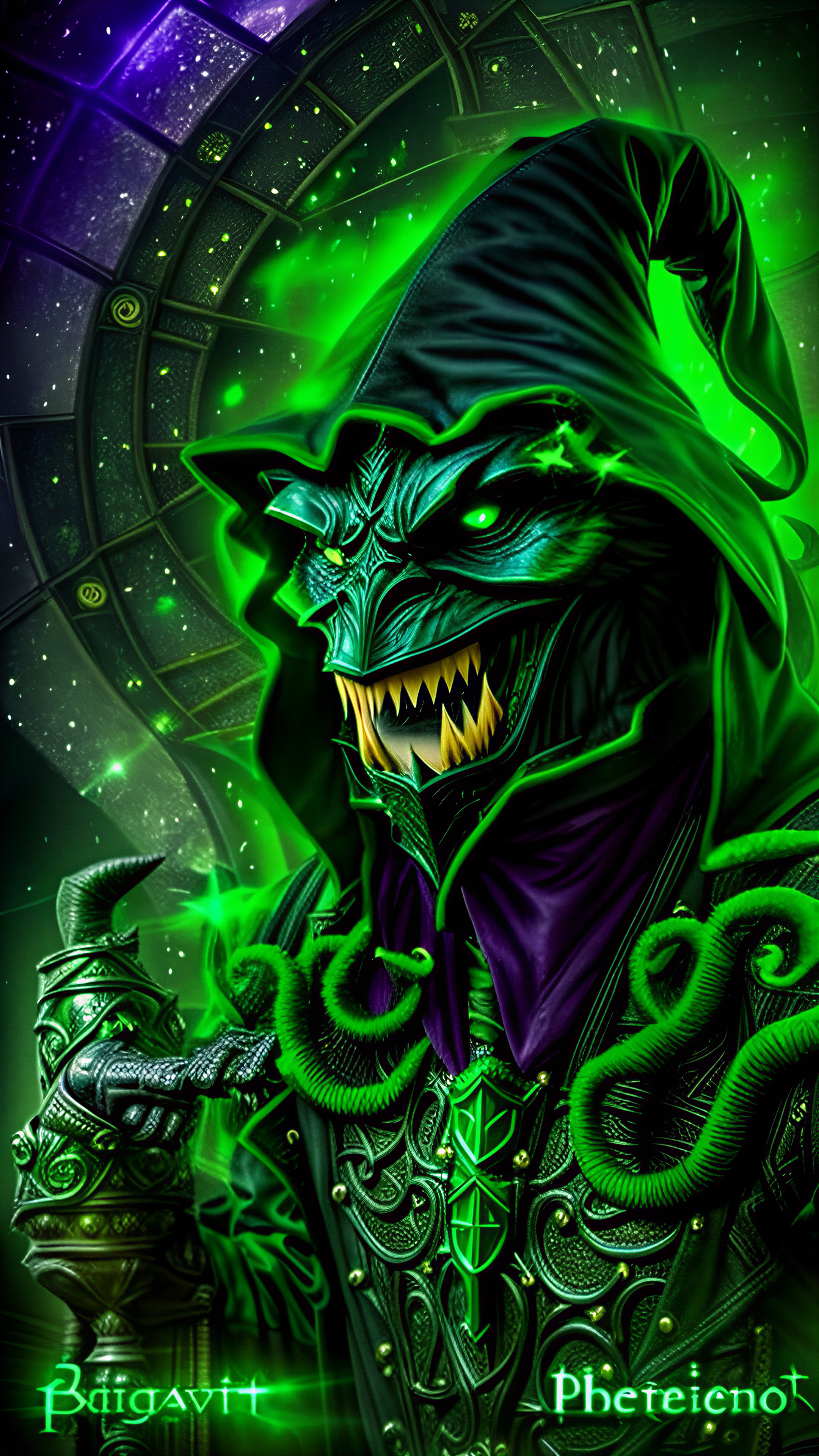Menacing creature in dark cloak with glowing accents