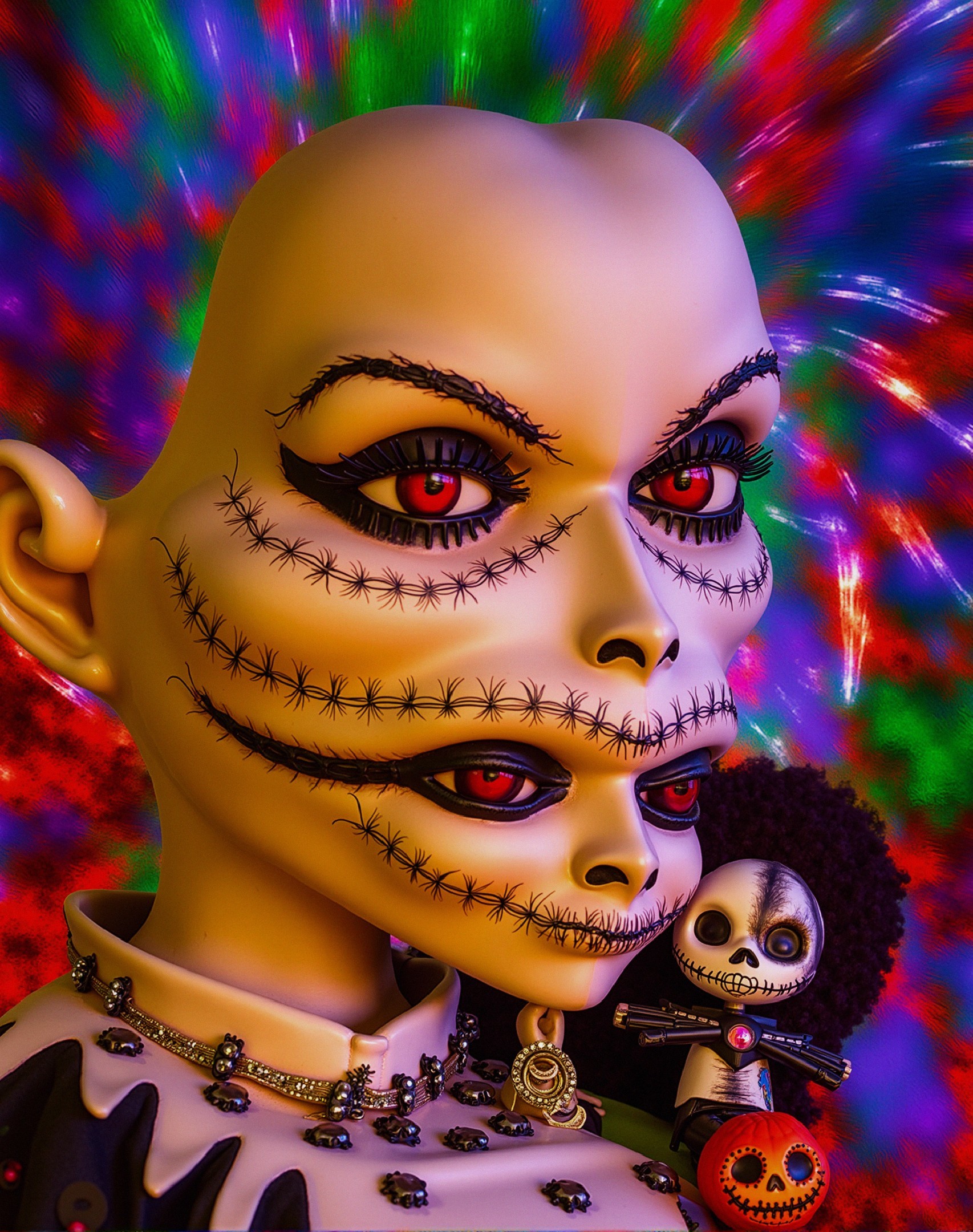 Stylized Figure with Intricate Features and Doll
