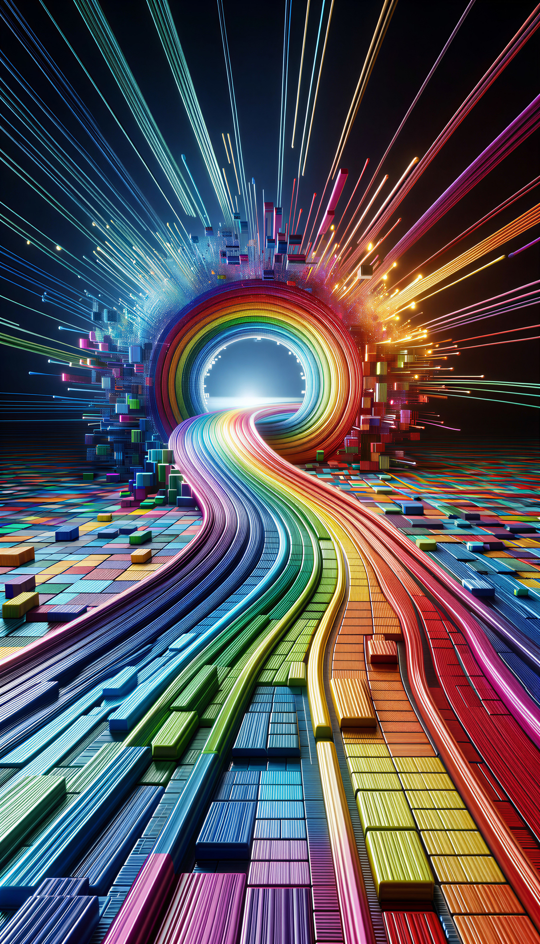 Surreal Rainbow-Colored Tunnel with 3D Landscape