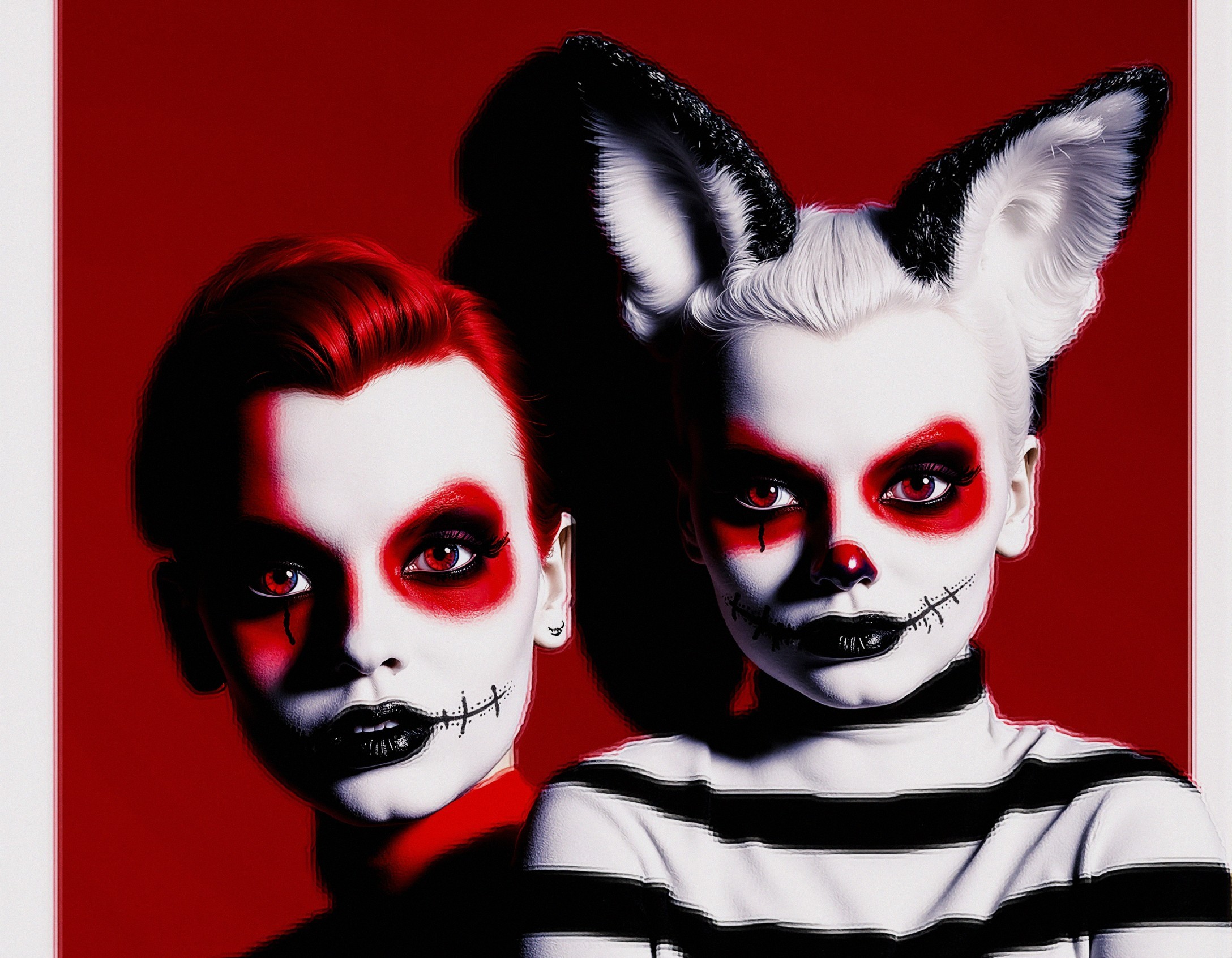 Figures with bold makeup against a red background