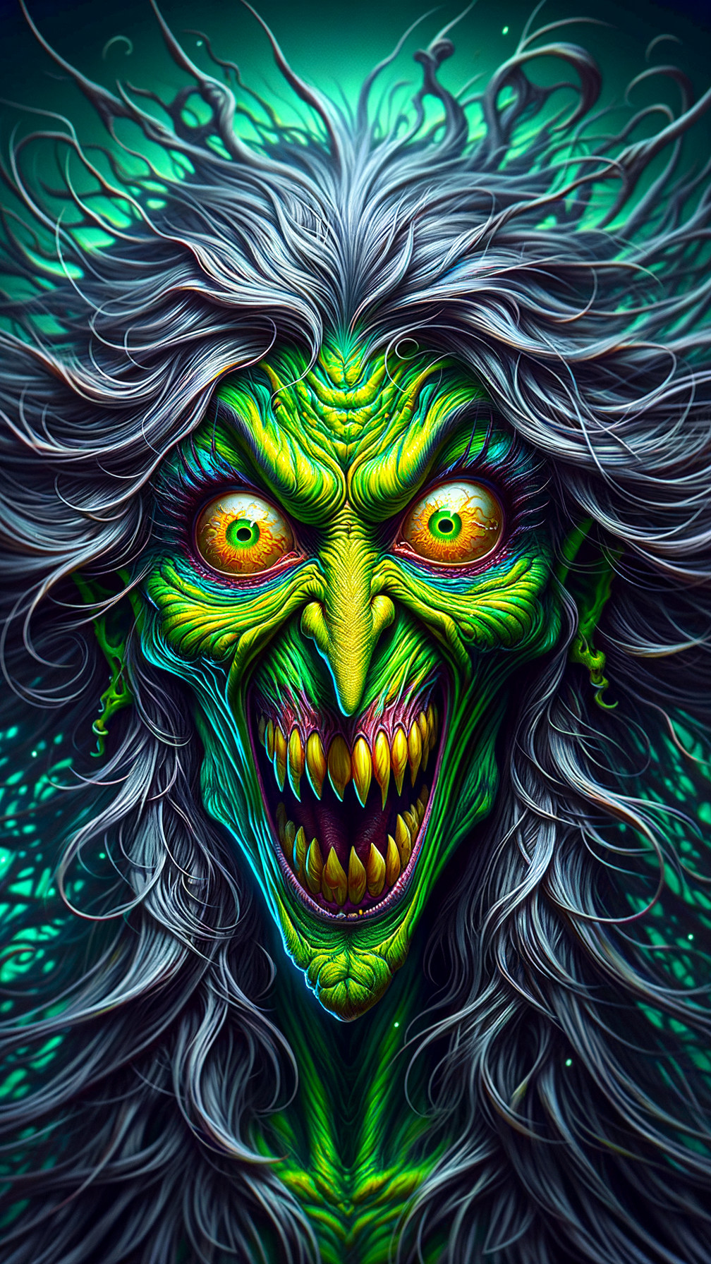 Menacing witch with green skin and glowing eyes