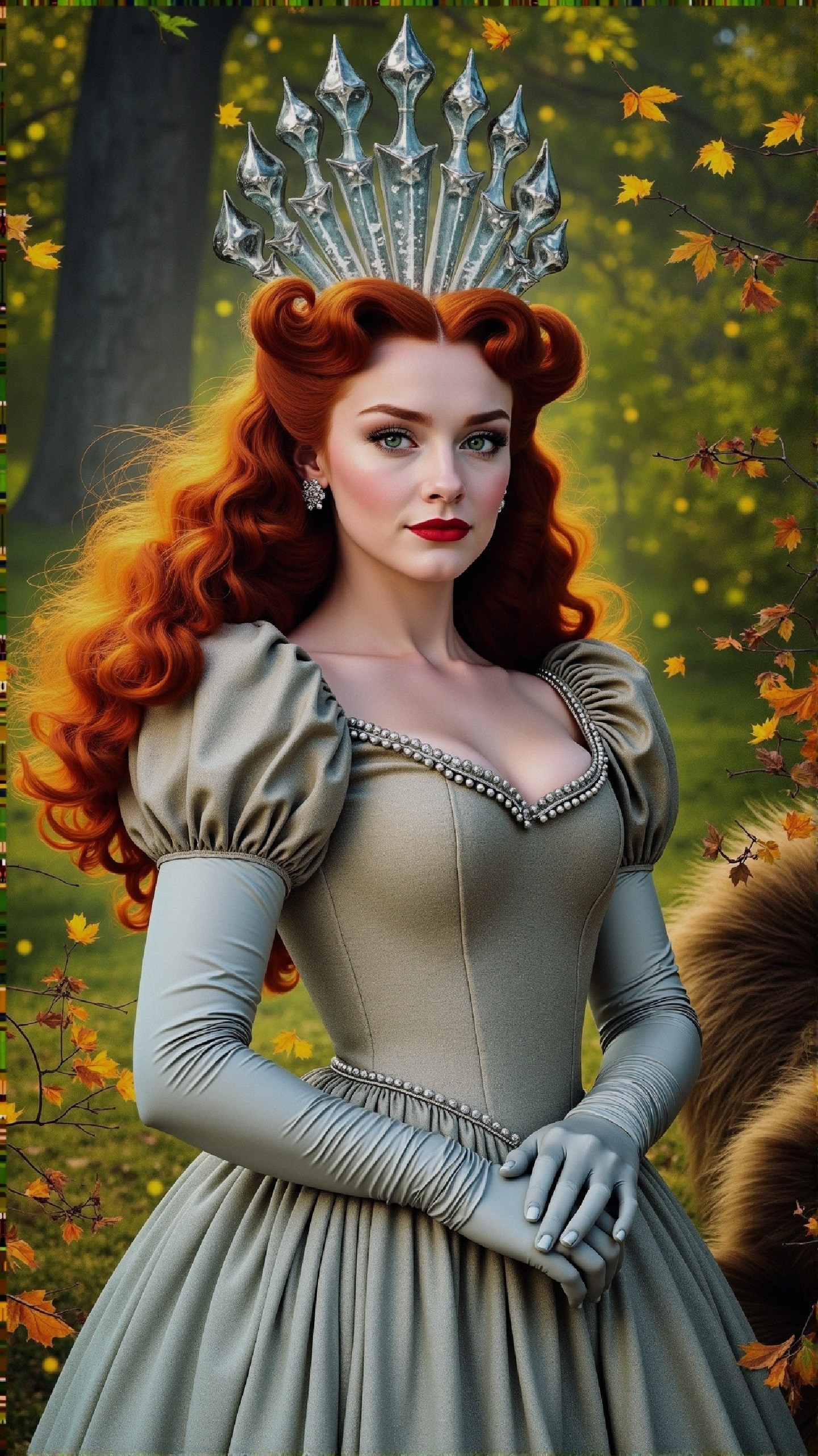 Regal figure in gown with crown in autumn forest