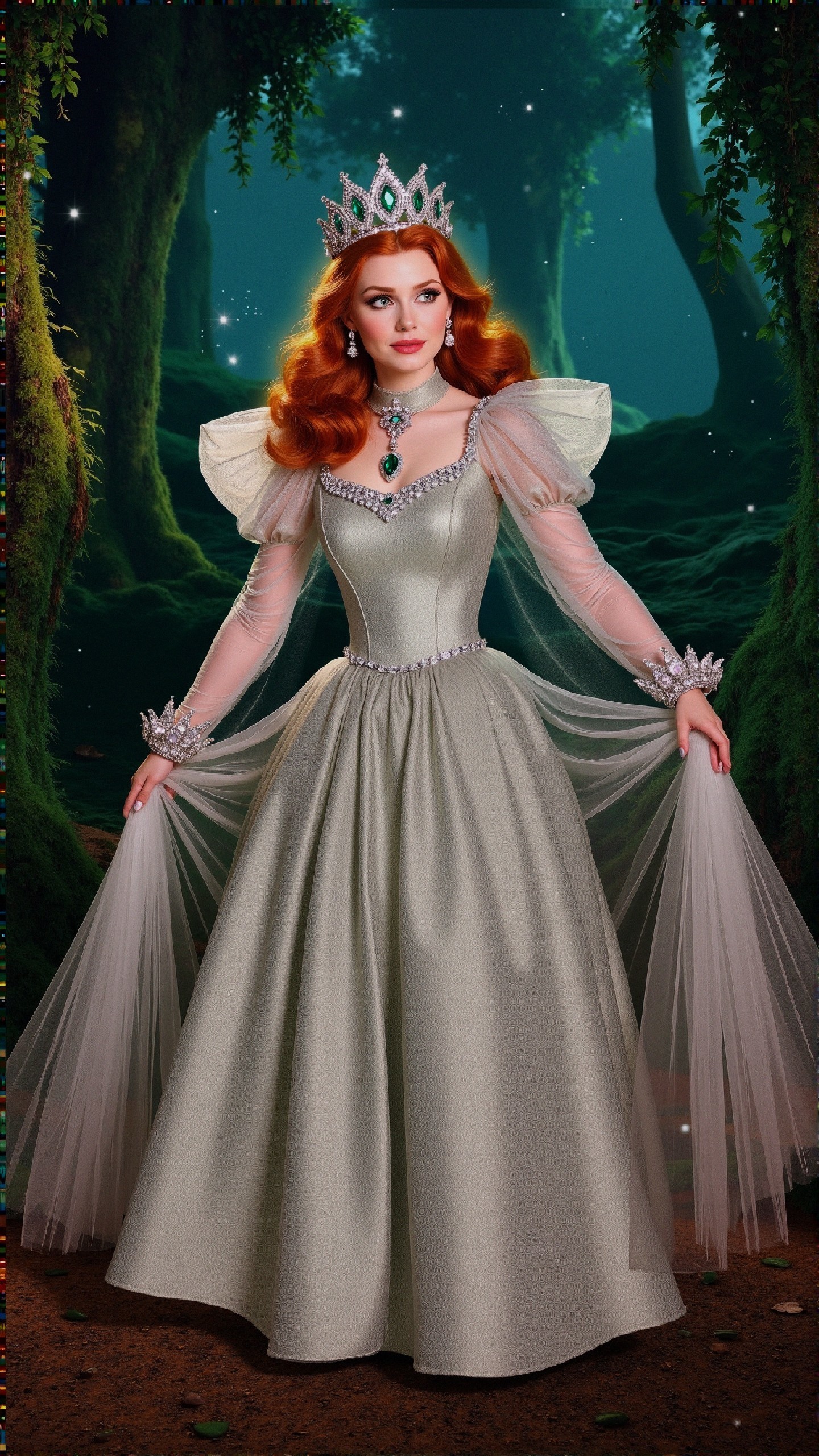 Regal figure in elegant gown within mystical forest
