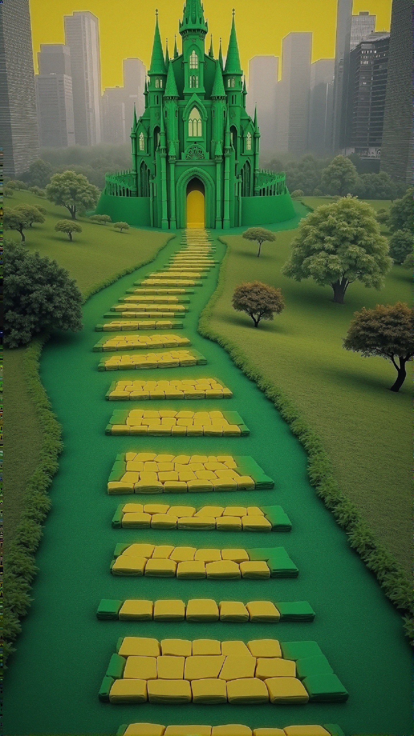 Gothic Castle on Yellow Brick Road in Fantasy Landscape