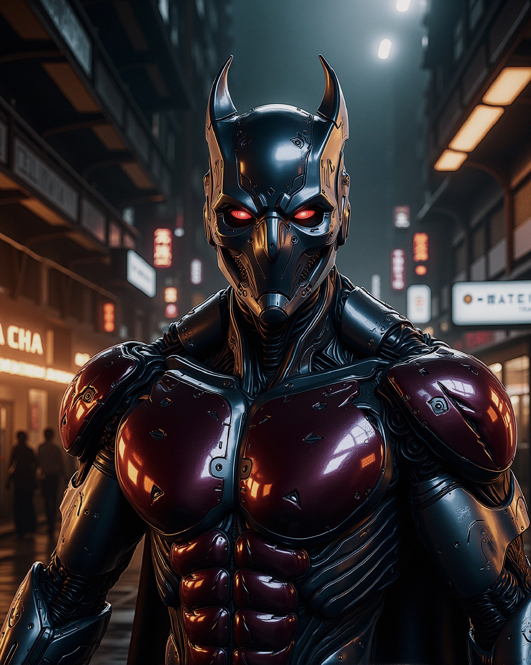 Futuristic Armored Figure in Cyberpunk Urban Setting
