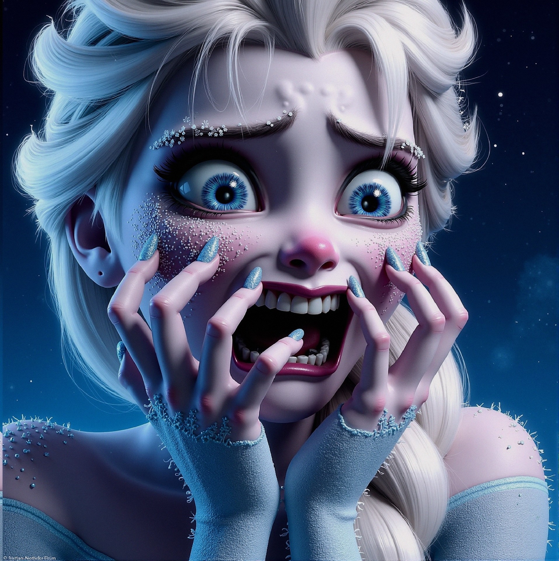 Character with Fearful Expression and Winter Elements