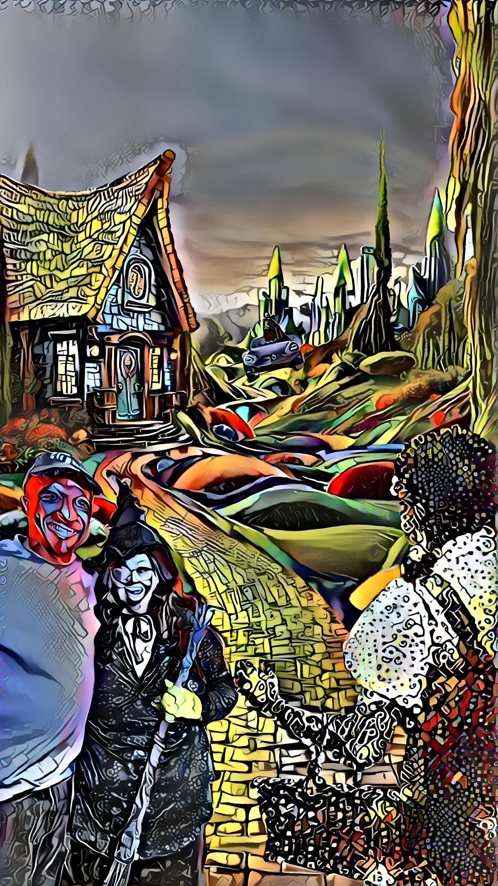 Couple on Yellow Brick Road in Whimsical Costumes