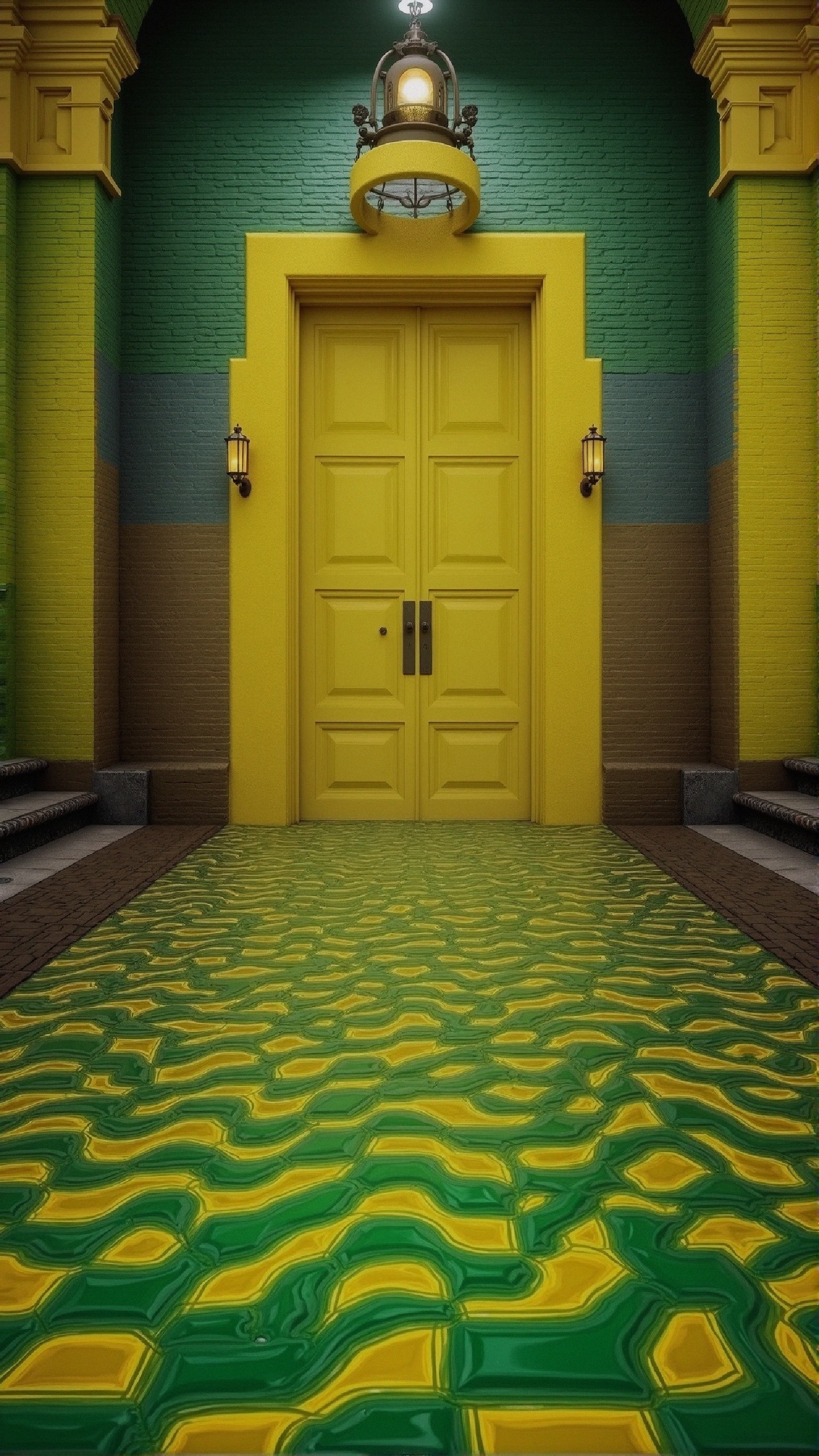 Vibrant Facade with Yellow Door and Reflective Pathway
