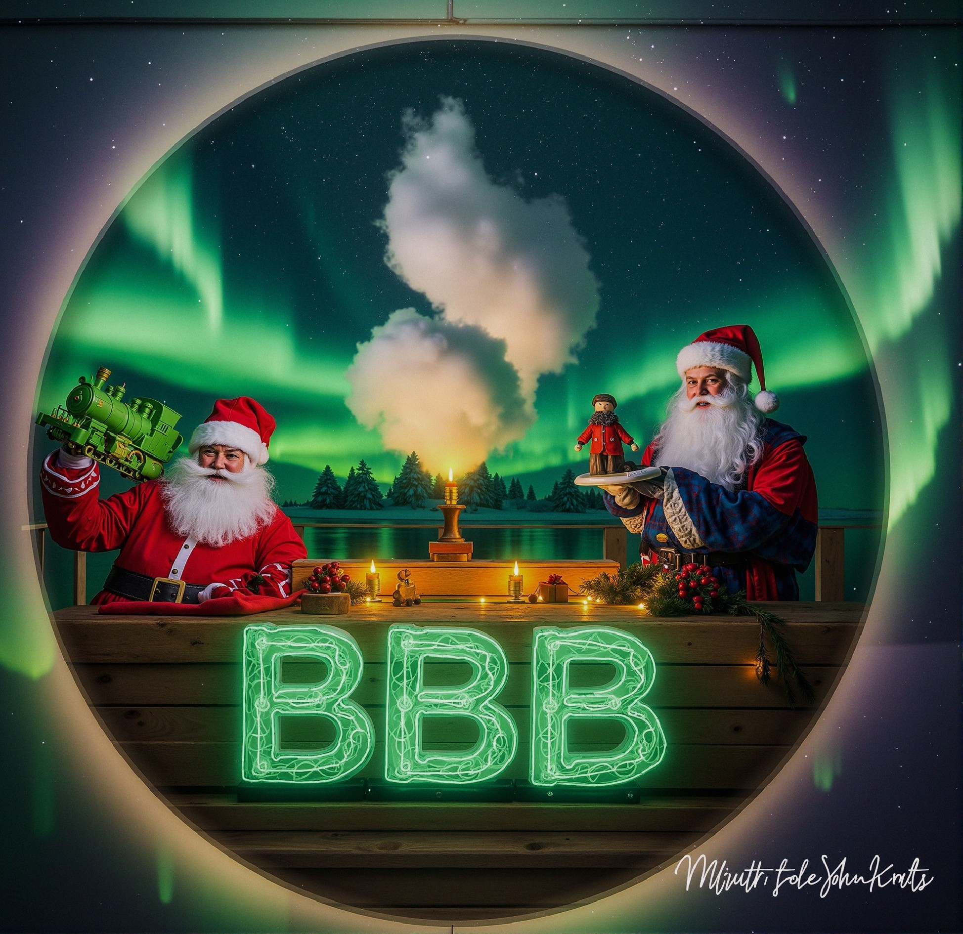 Santas in Festive Attire with Holiday Decorations