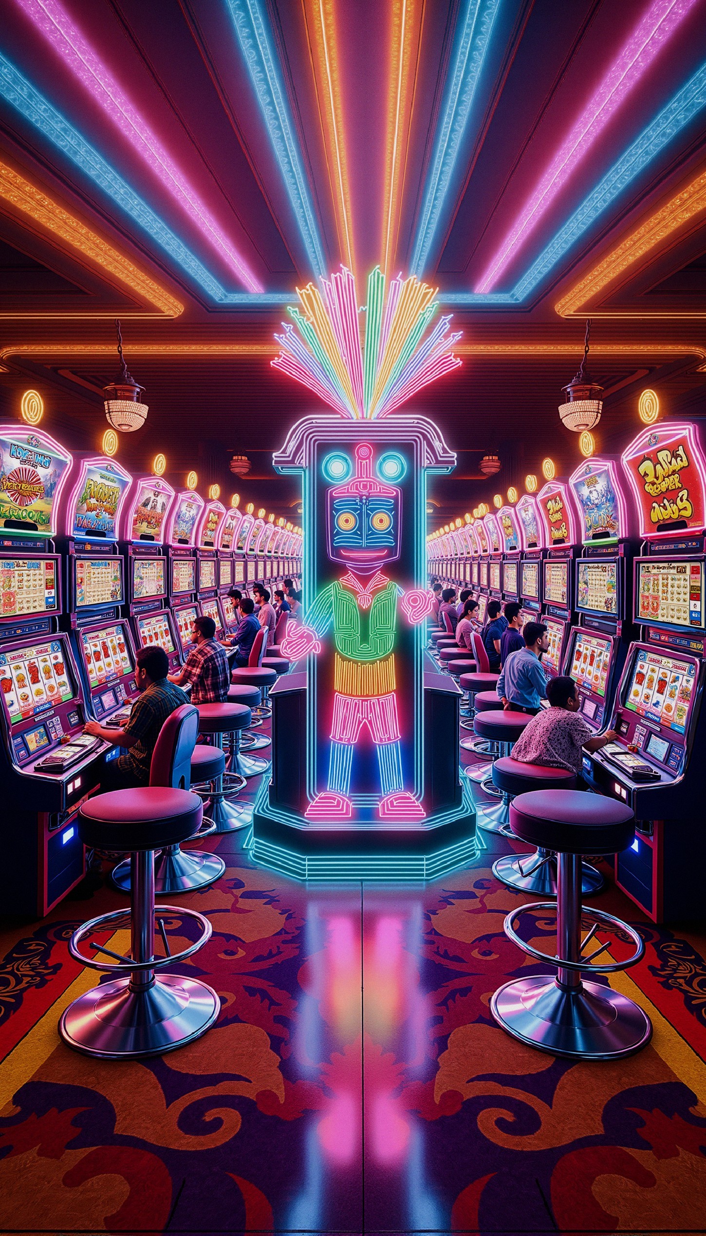Vibrant Casino Interior with Neon Lights and Slot Machines