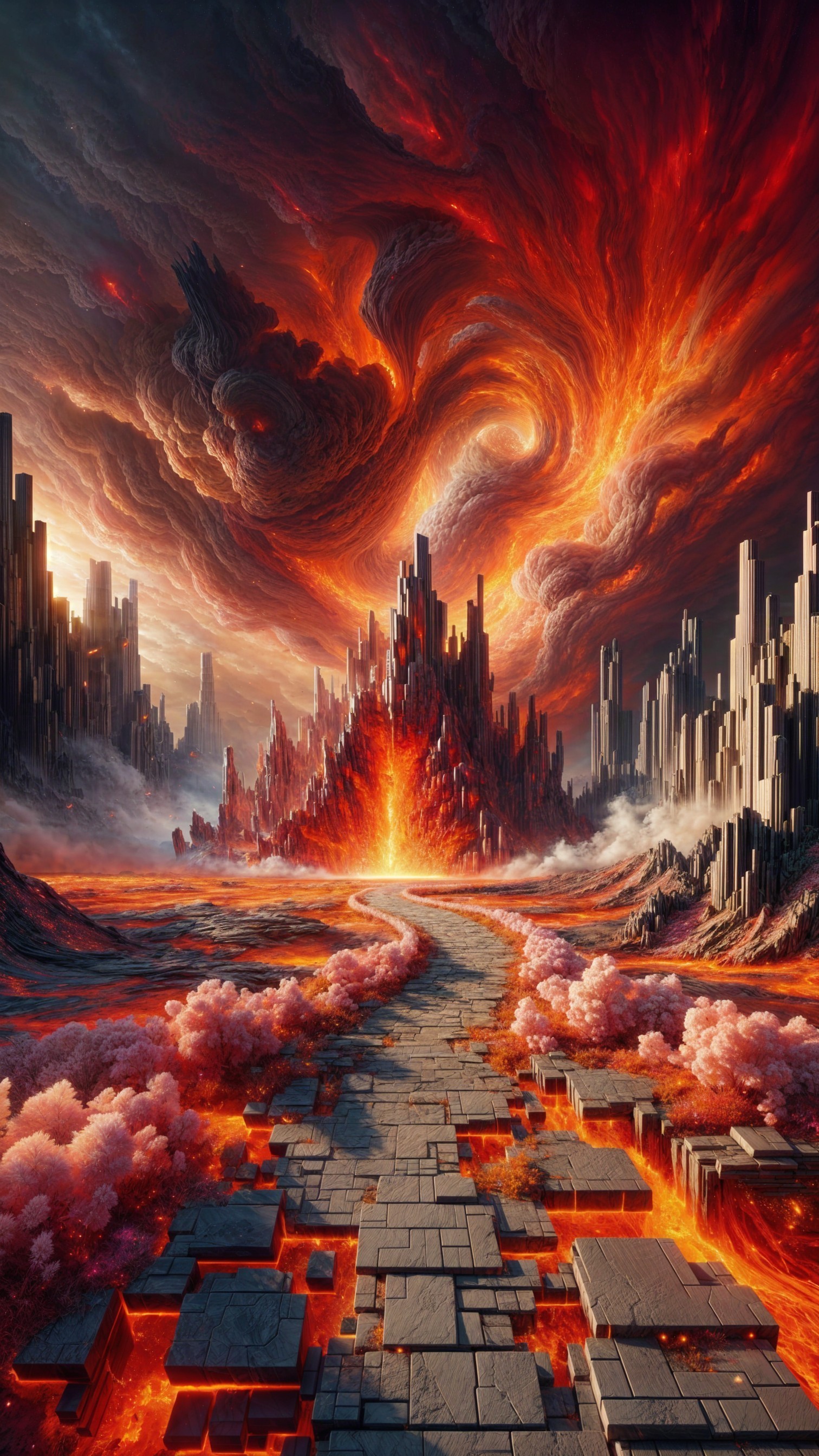 Dramatic Landscape with Fiery Sky and Volcanic Features