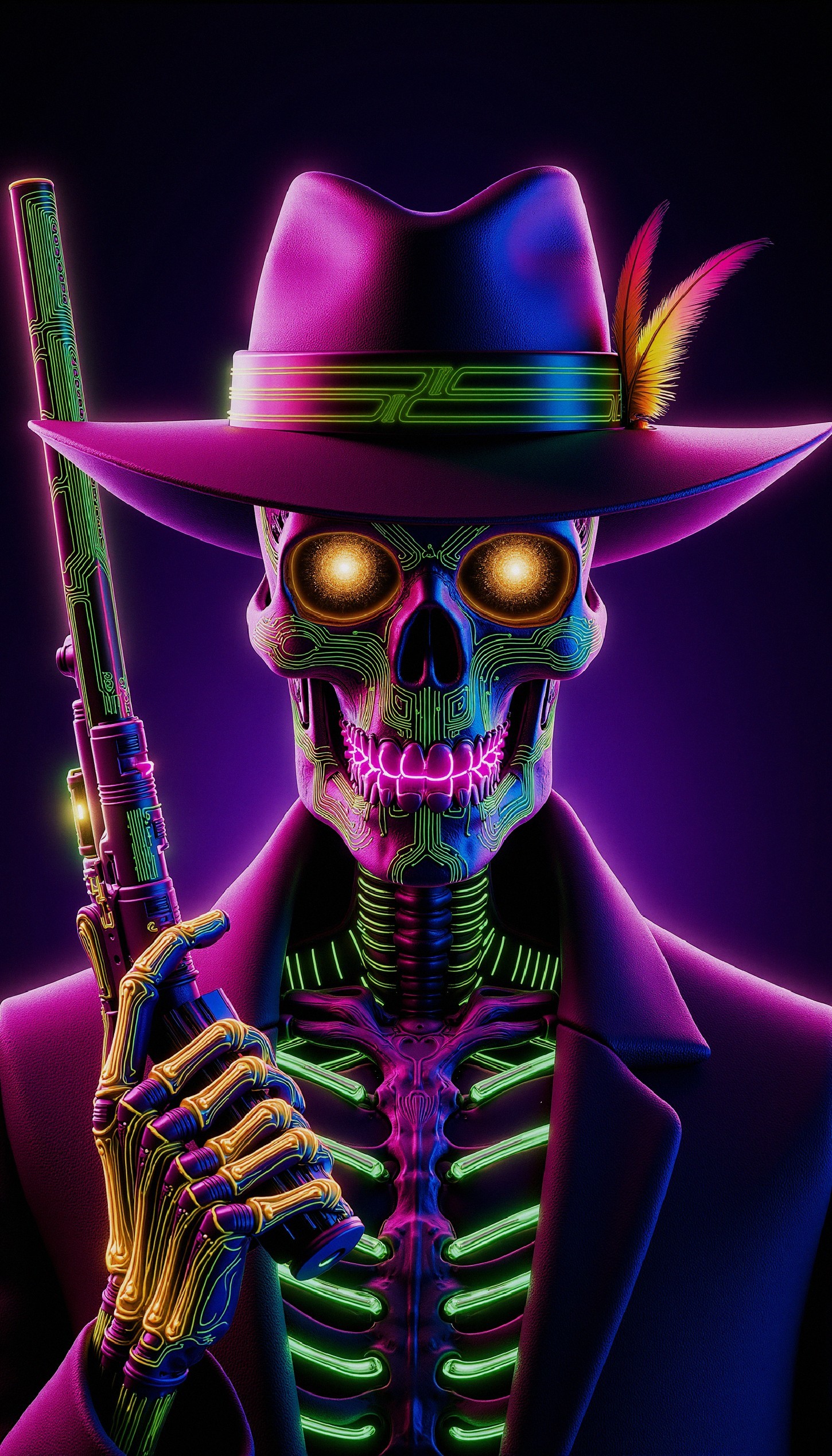 Neon Skeleton with Rifle in Futuristic Background