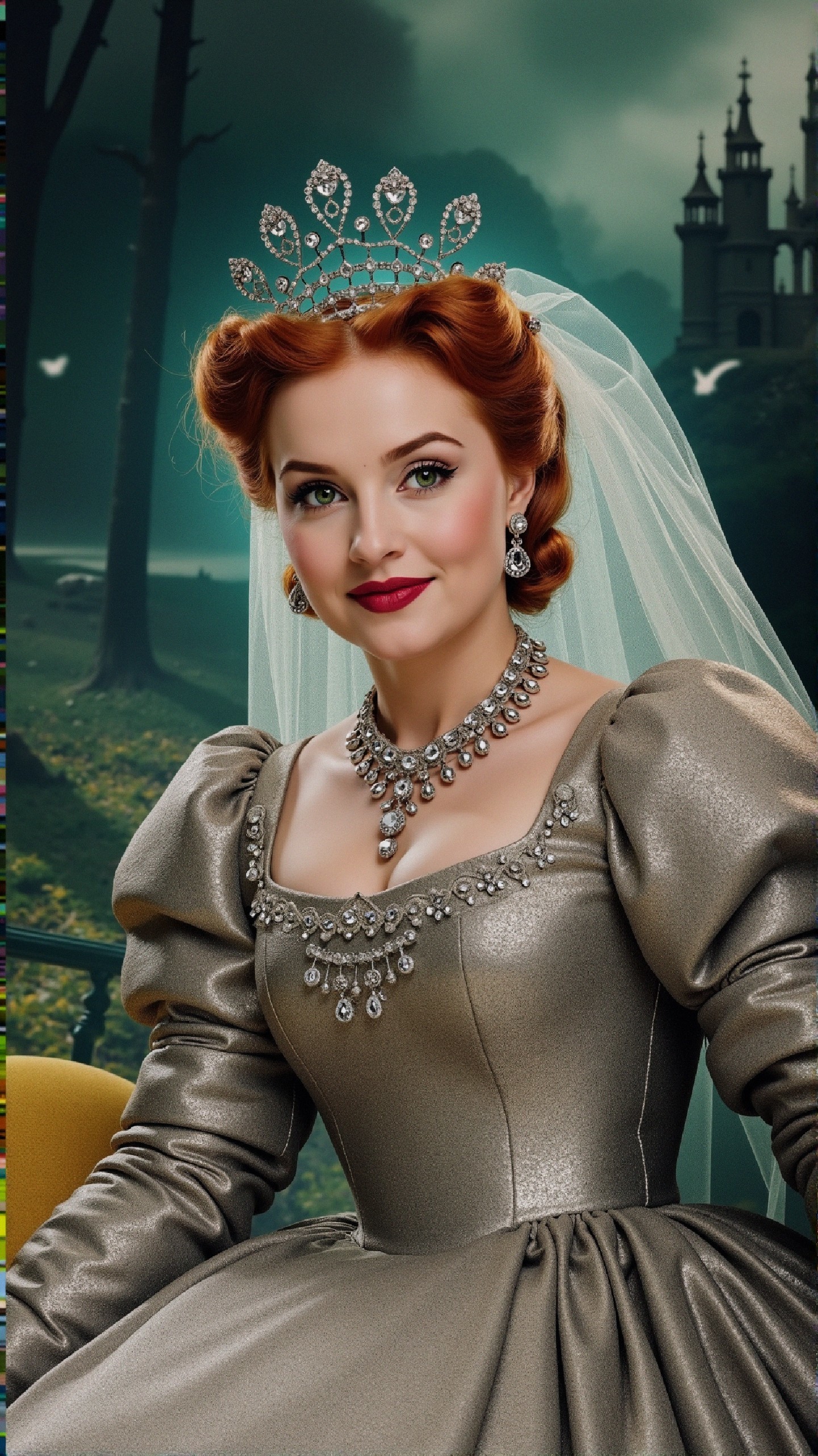 Regal Woman in Silver Gown in Enchanted Forest