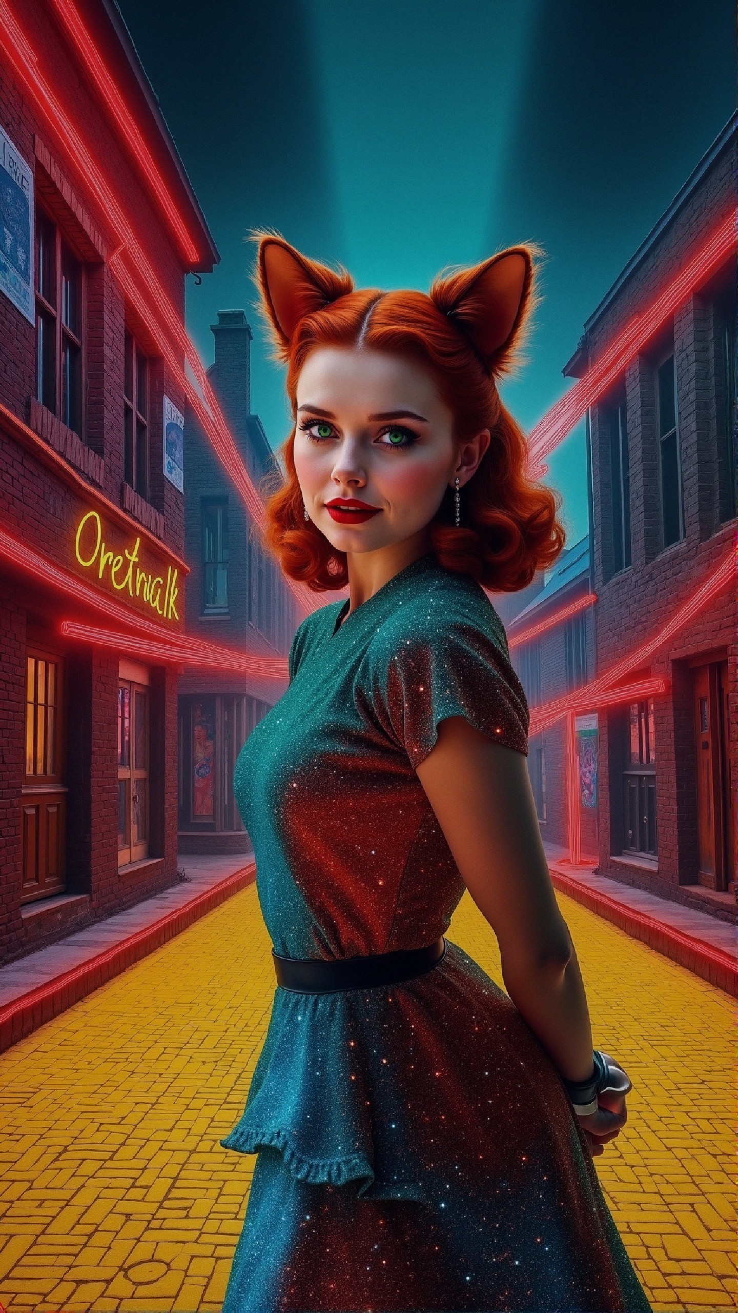 Whimsical Scene of a Woman in a Colorful Alleyway