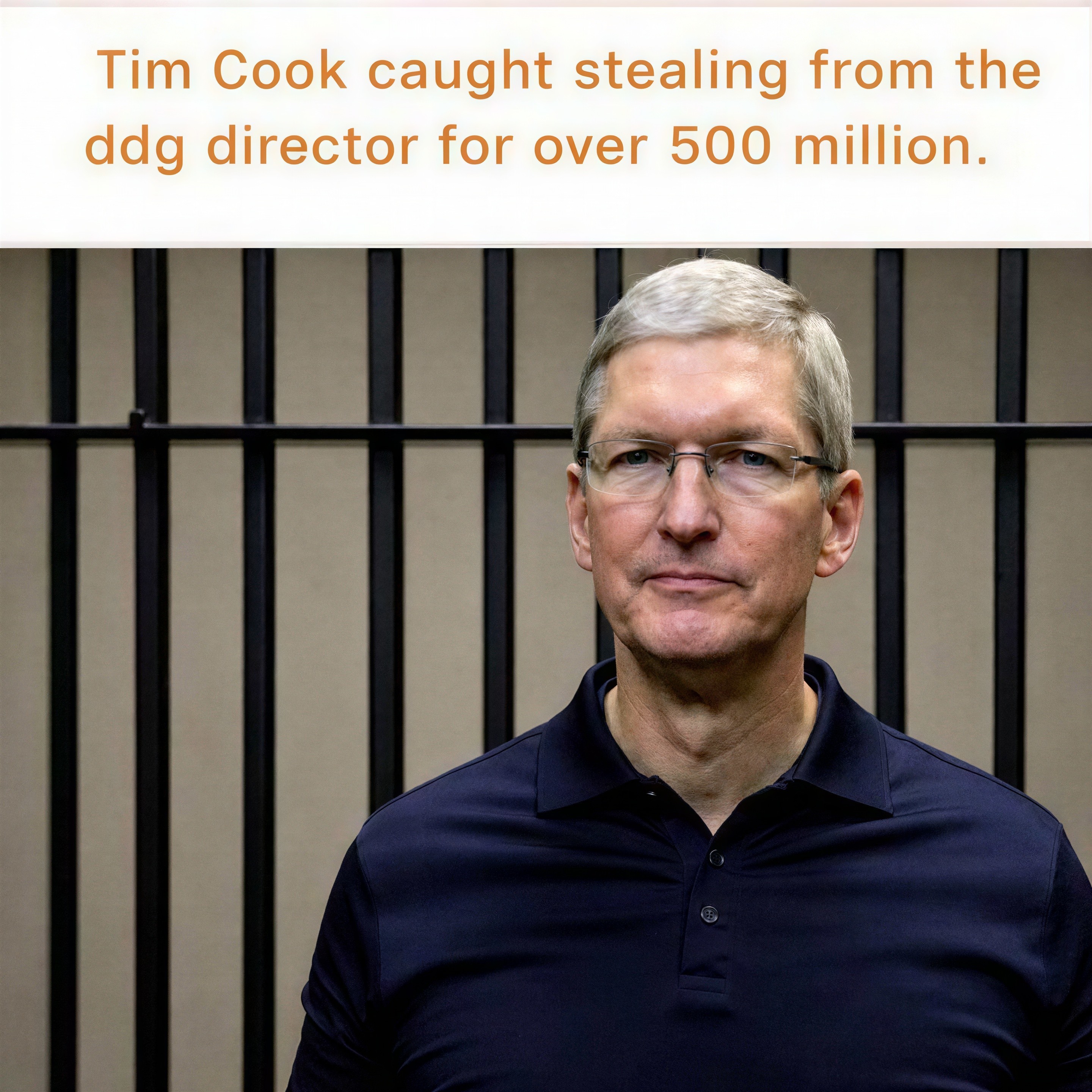 Headshot of CEO with prison bars and accusation banner