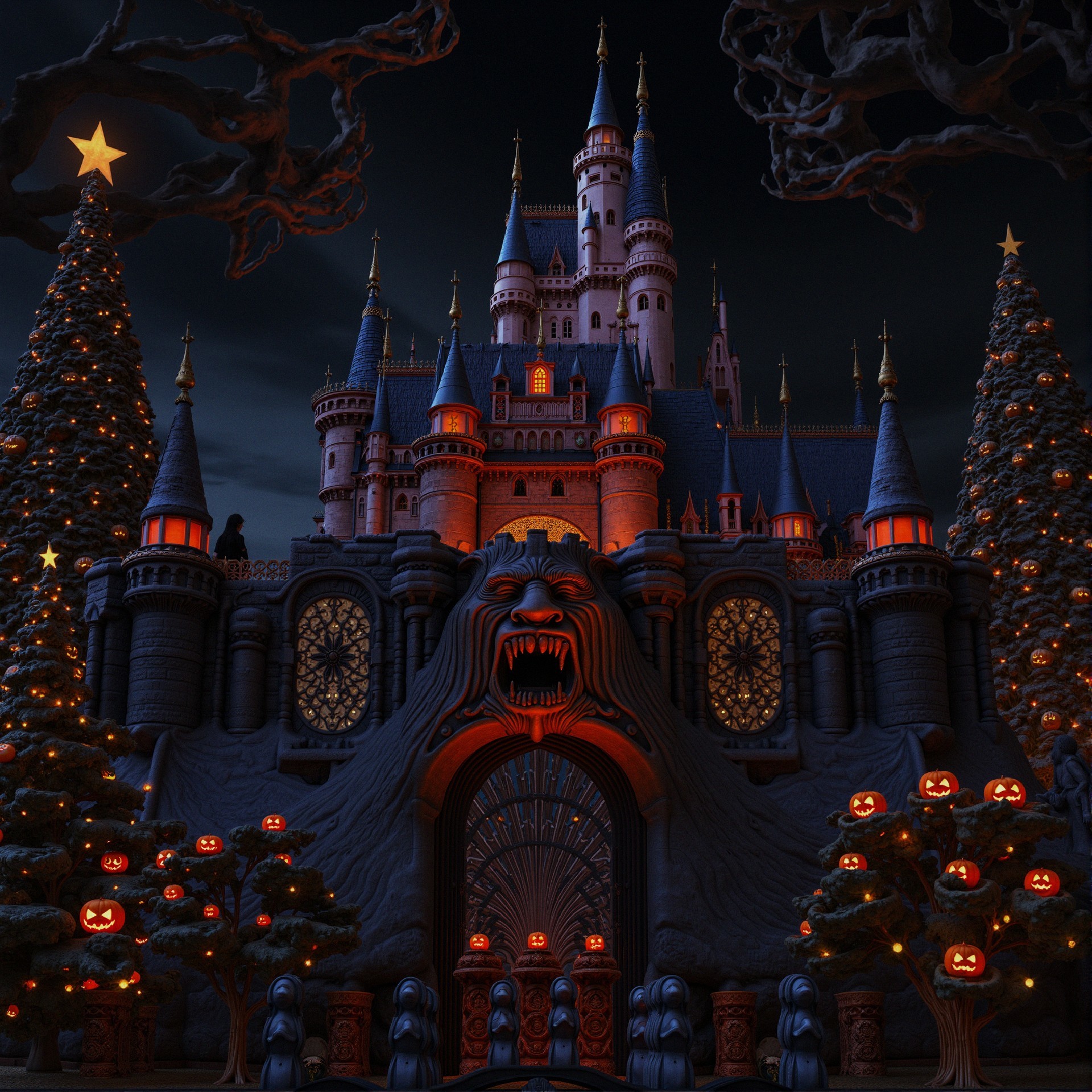 Fairy-tale castle with spires and festive decorations