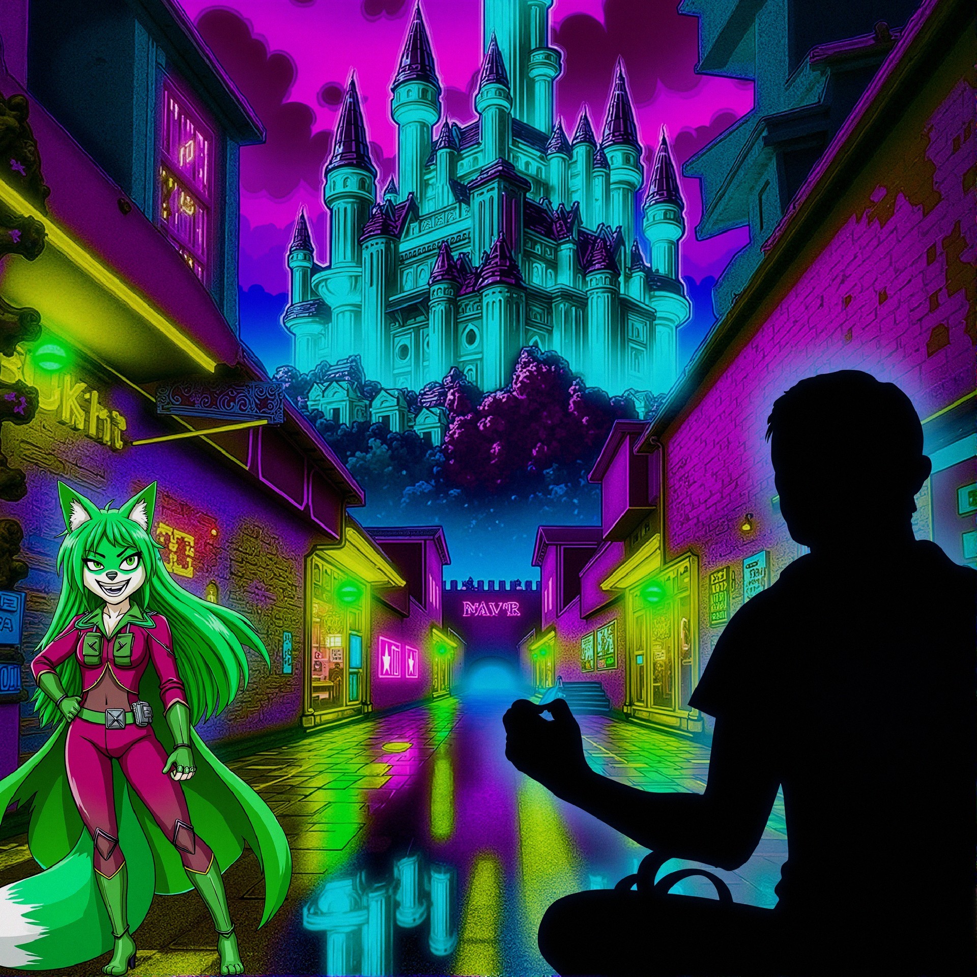 Futuristic Cityscape with Whimsical Character and Castle