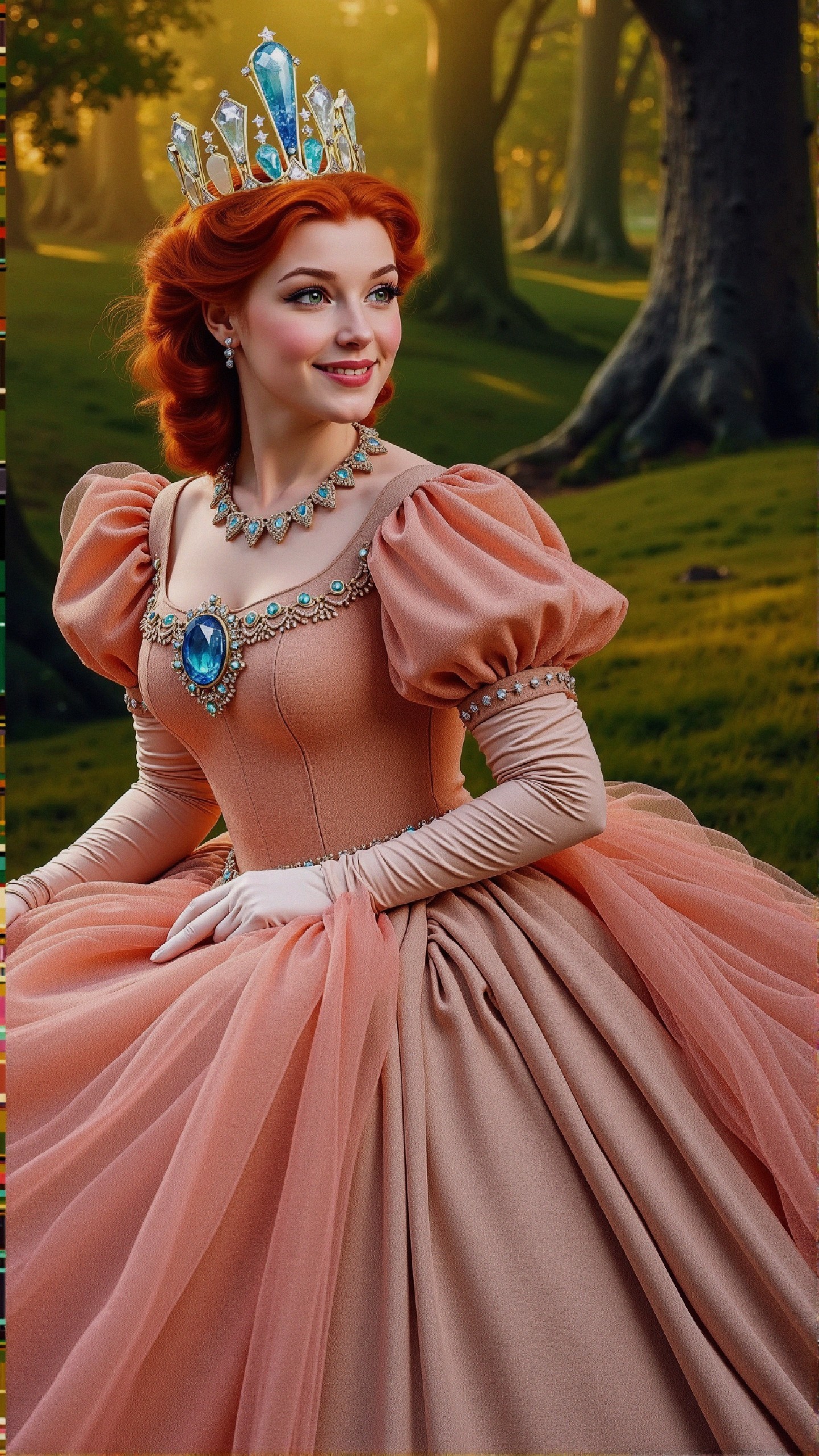 Regal Young Woman in Blush Gown in Forest Setting