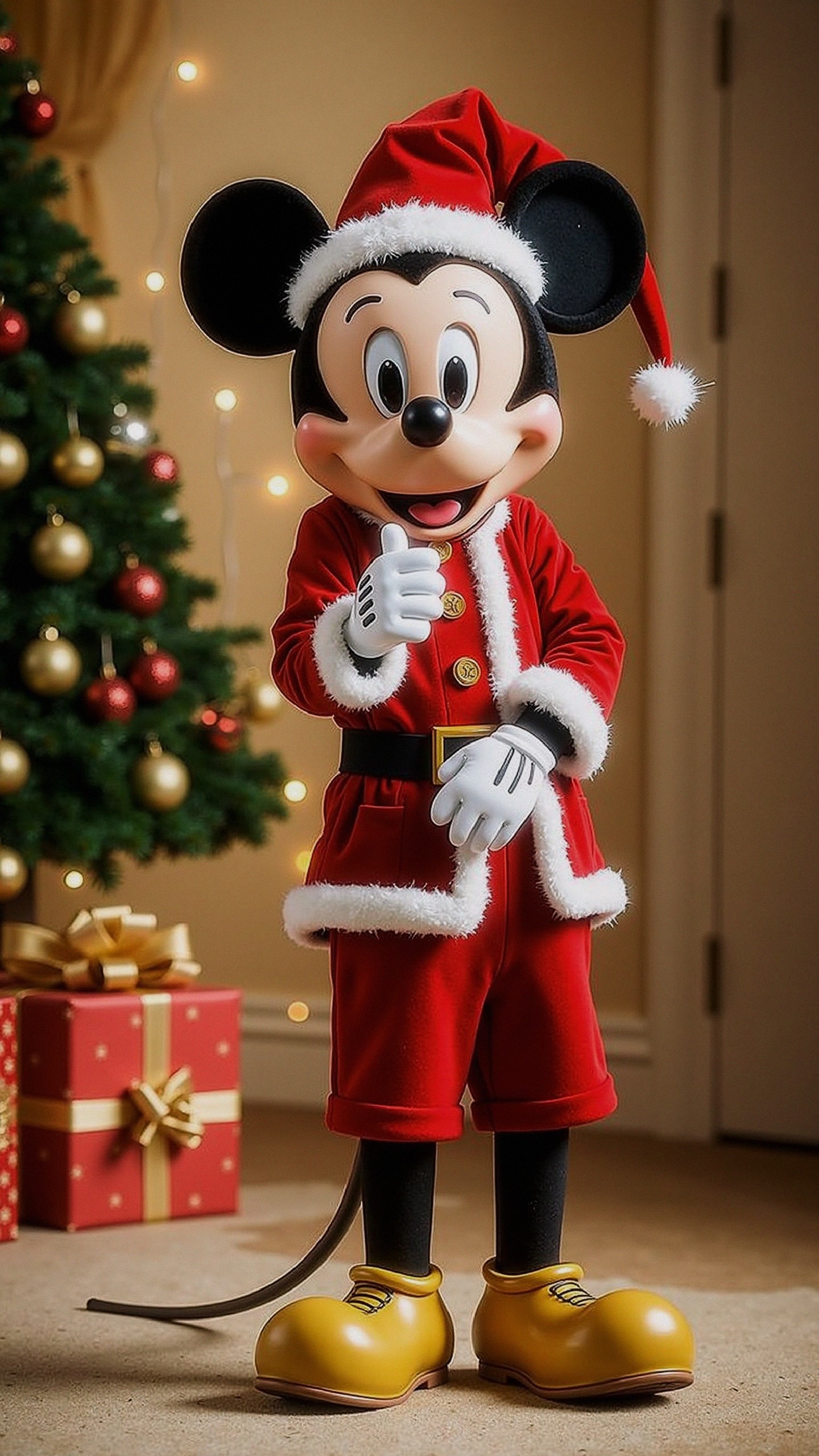 Mickey Mouse in Santa Outfit with Christmas Decor