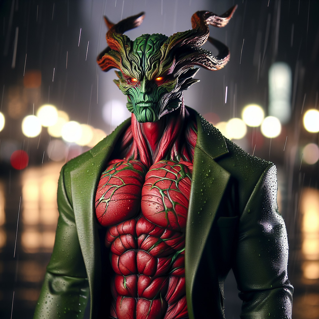 Stylized Muscular Humanoid Figure in Rainy Cityscape