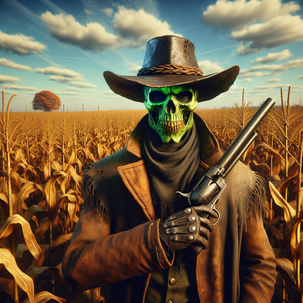 Skeletal Cowboy Figure in Golden Cornfield Scene