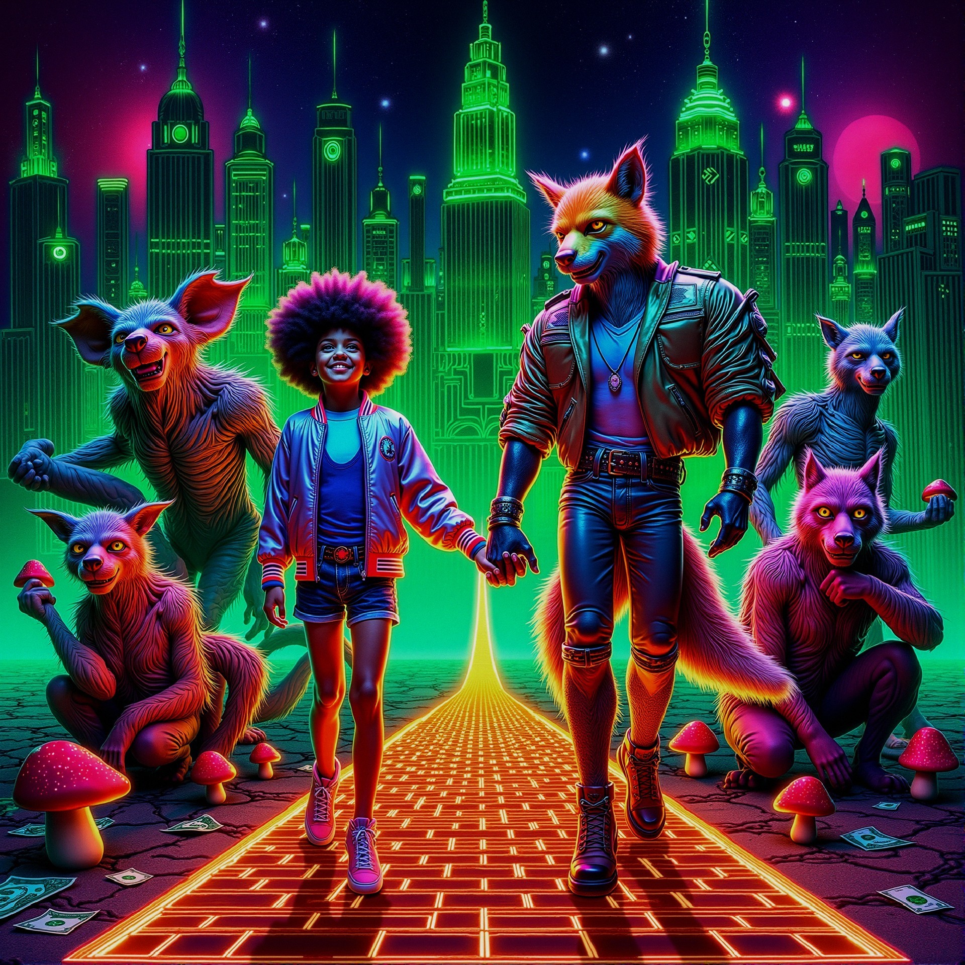Neon Cityscape with Whimsical Creatures and Adventure