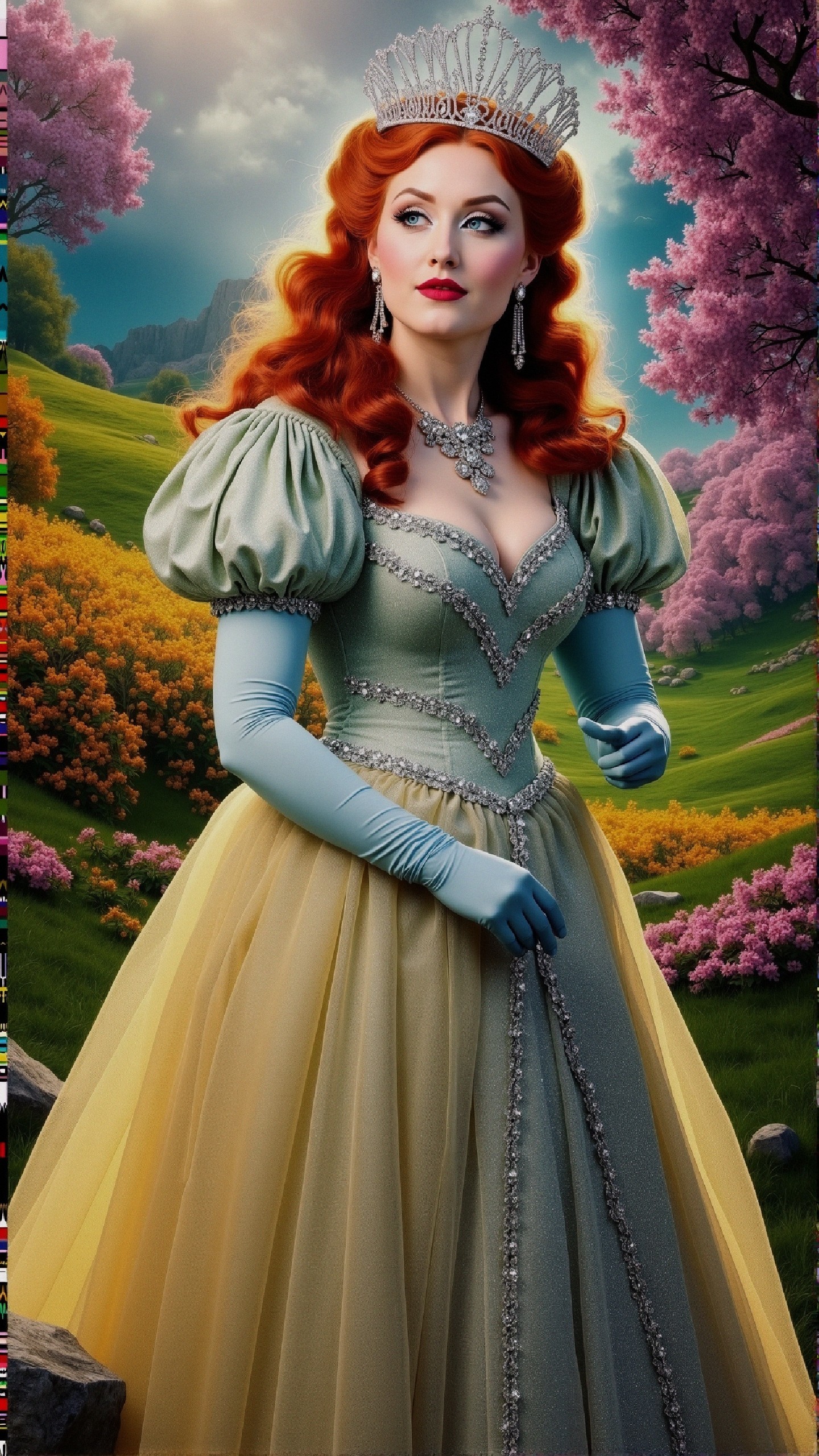 Regal figure in floral landscape with elegant gown